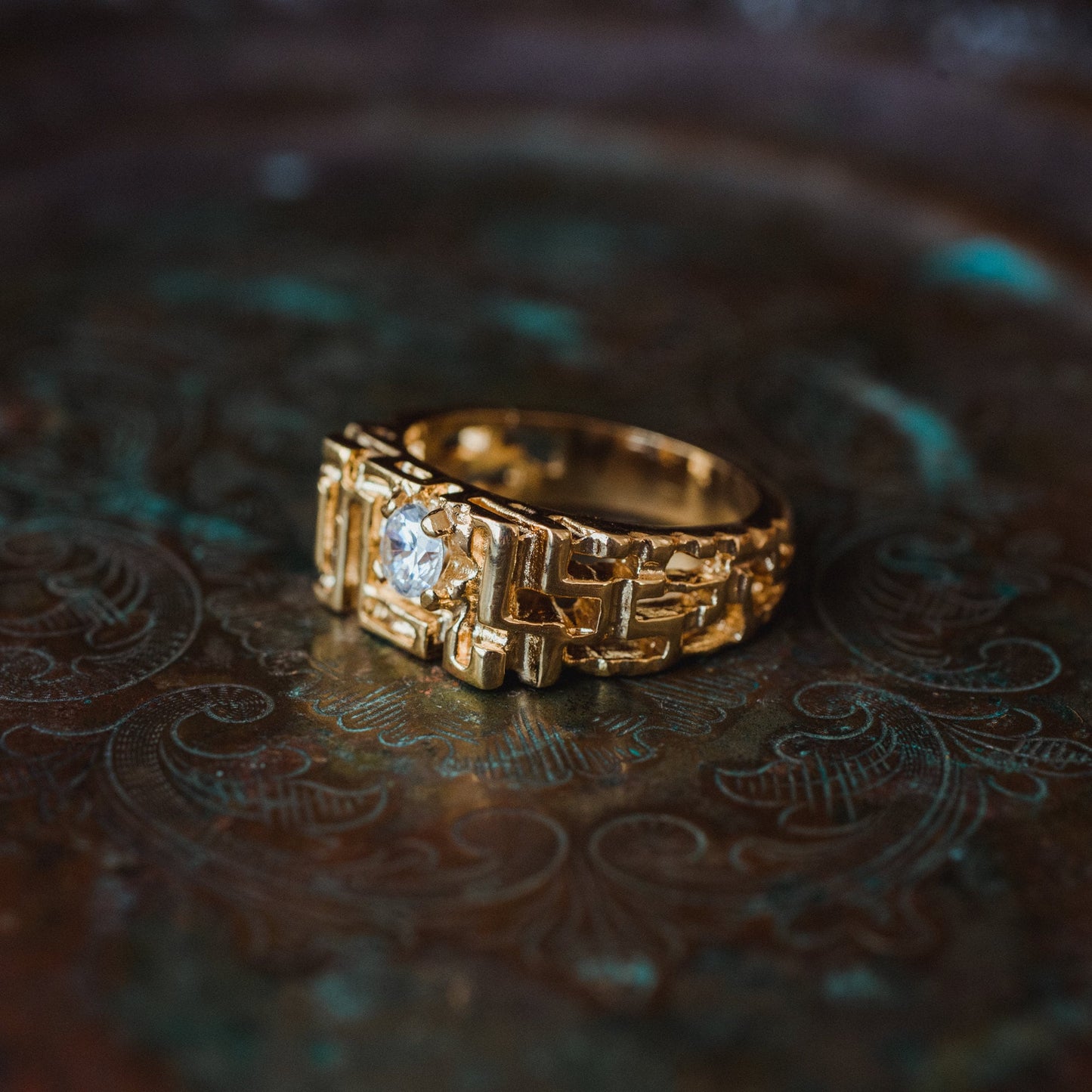 Men's Vintage Ring Edwardian Style Cubic Zirconia Handcrafted Made in USA 18k Gold Electroplated Nugget Ring #R153