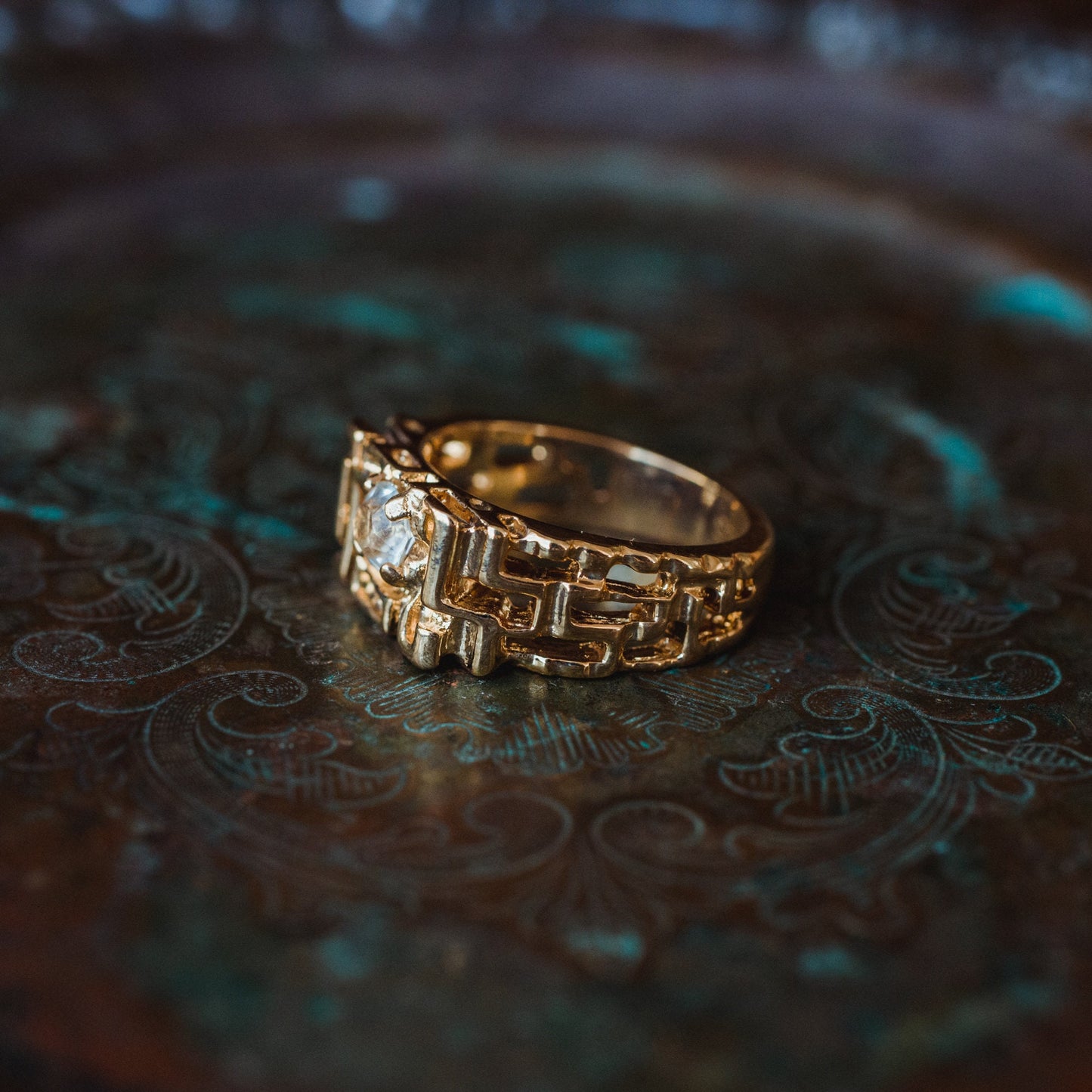 Men's Vintage Ring Edwardian Style Cubic Zirconia Handcrafted Made in USA 18k Gold Electroplated Nugget Ring #R153