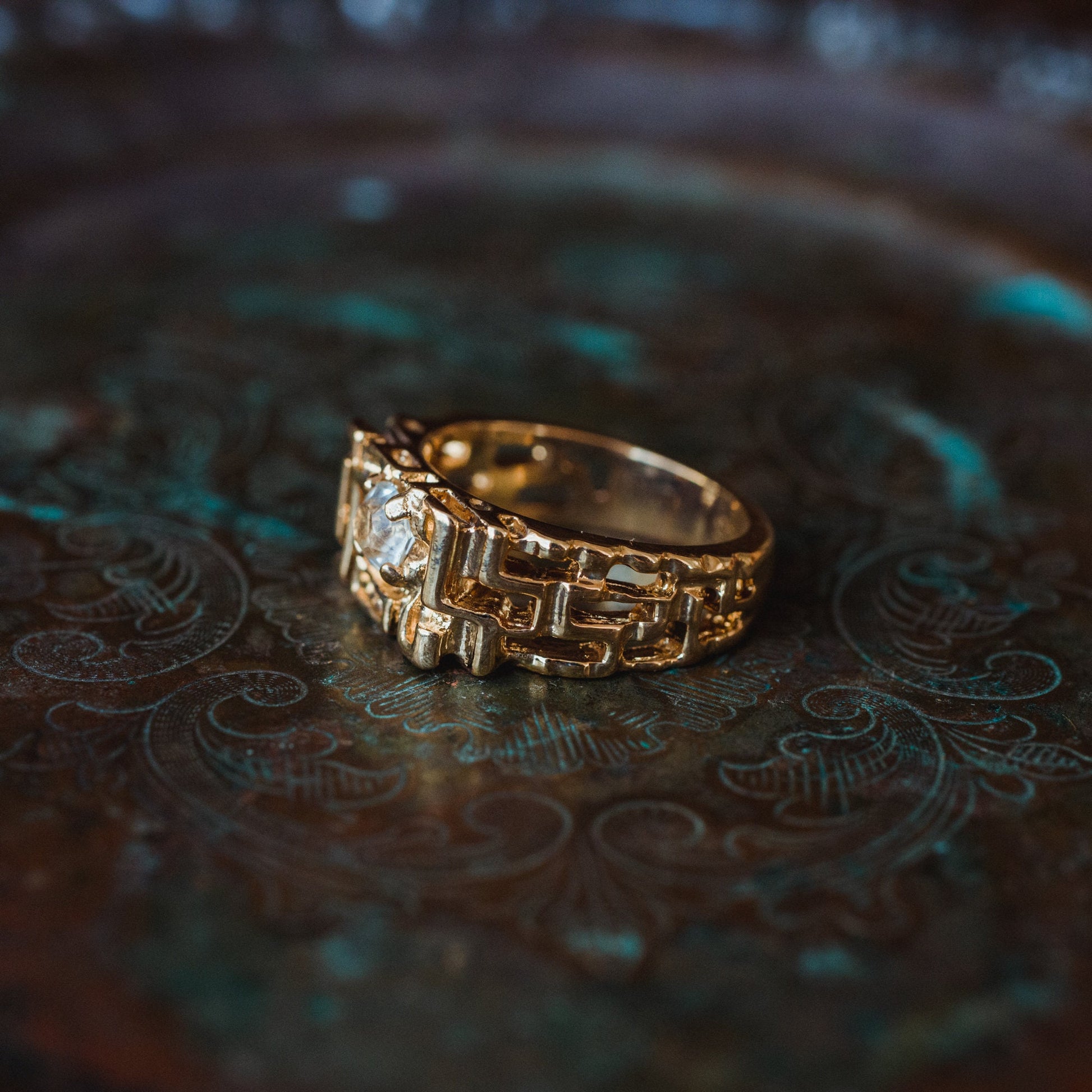 Men's Vintage Ring Edwardian Style Cubic Zirconia  Handcrafted Made in USA 18k Gold Electroplated Nugget Ring #R153