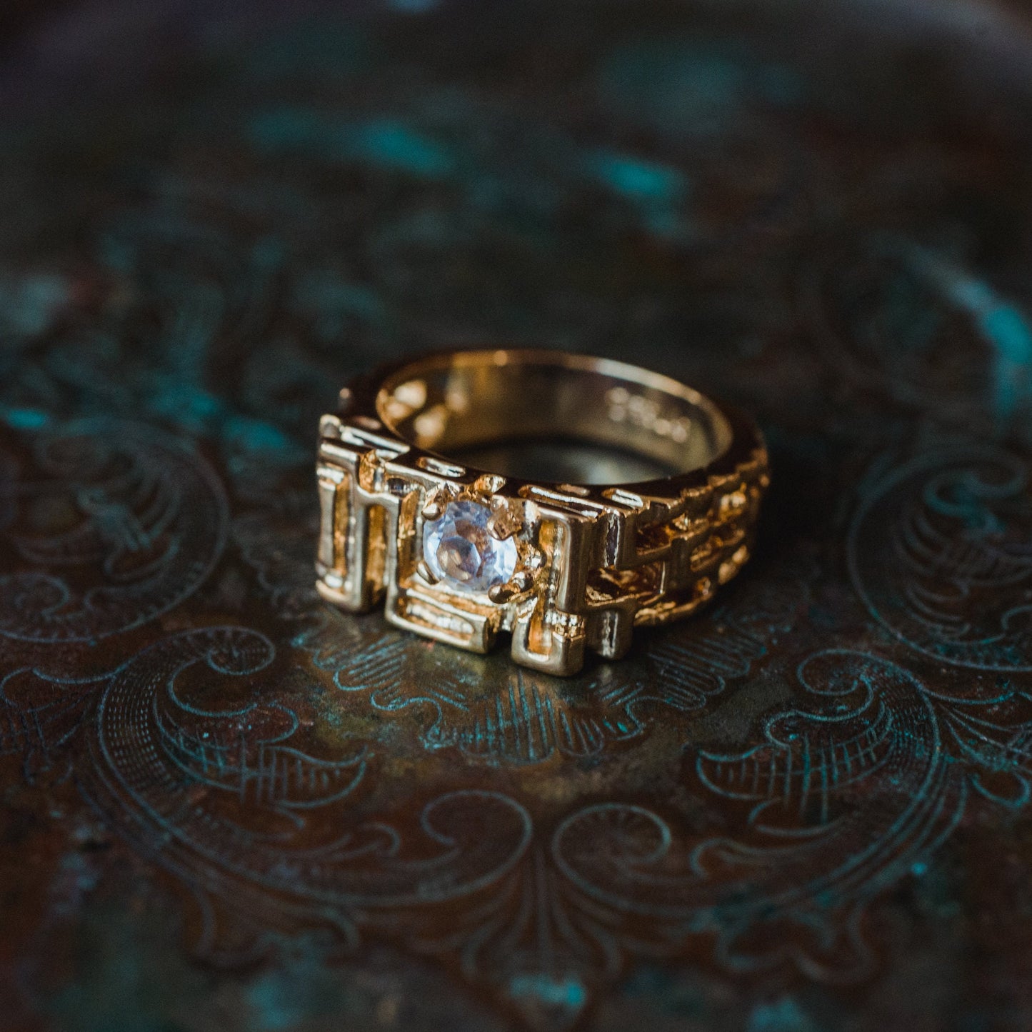 Men's Vintage Ring Edwardian Style Cubic Zirconia Handcrafted Made in USA 18k Gold Electroplated Nugget Ring #R153