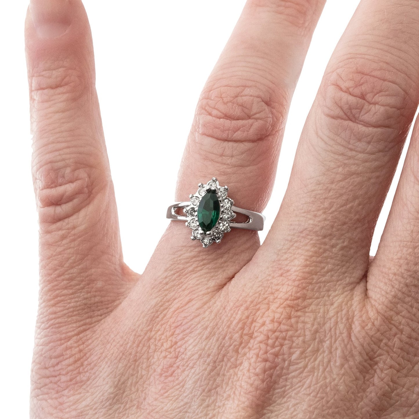 Vintage Ring Emerald and Clear Swarovski Crystals 18kt White Gold Silver R1314 - Limited Stock - Never Worn