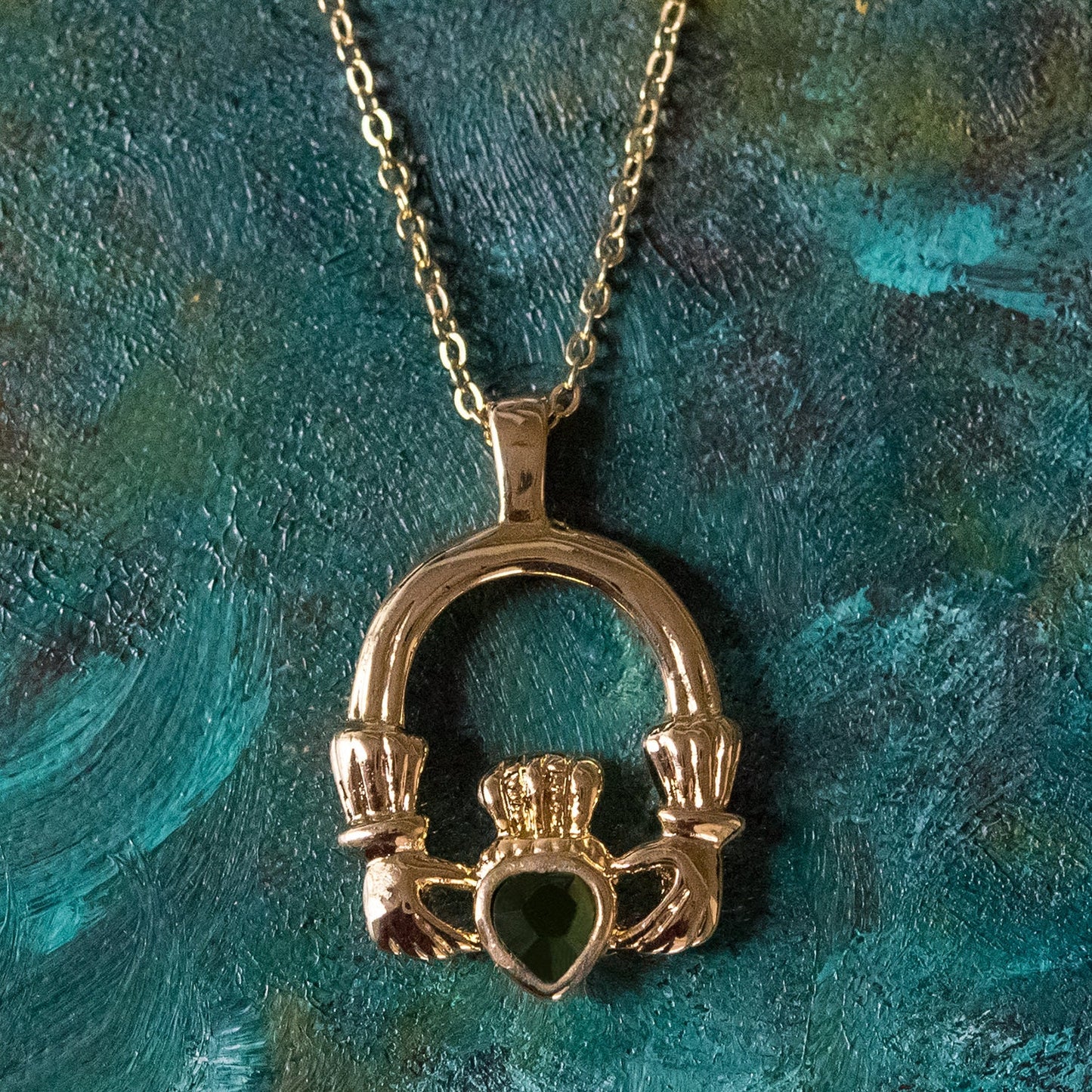 Vintage Claddagh Necklace Green Tourmaline Swarovski Heart Crystal Antique 18k Gold Made in the USA N3099