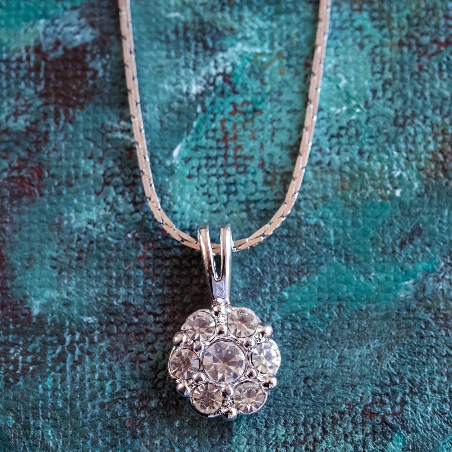 Vintage Flower Pendant Clear Swarovski Crystals 18k White Gold Silver N288