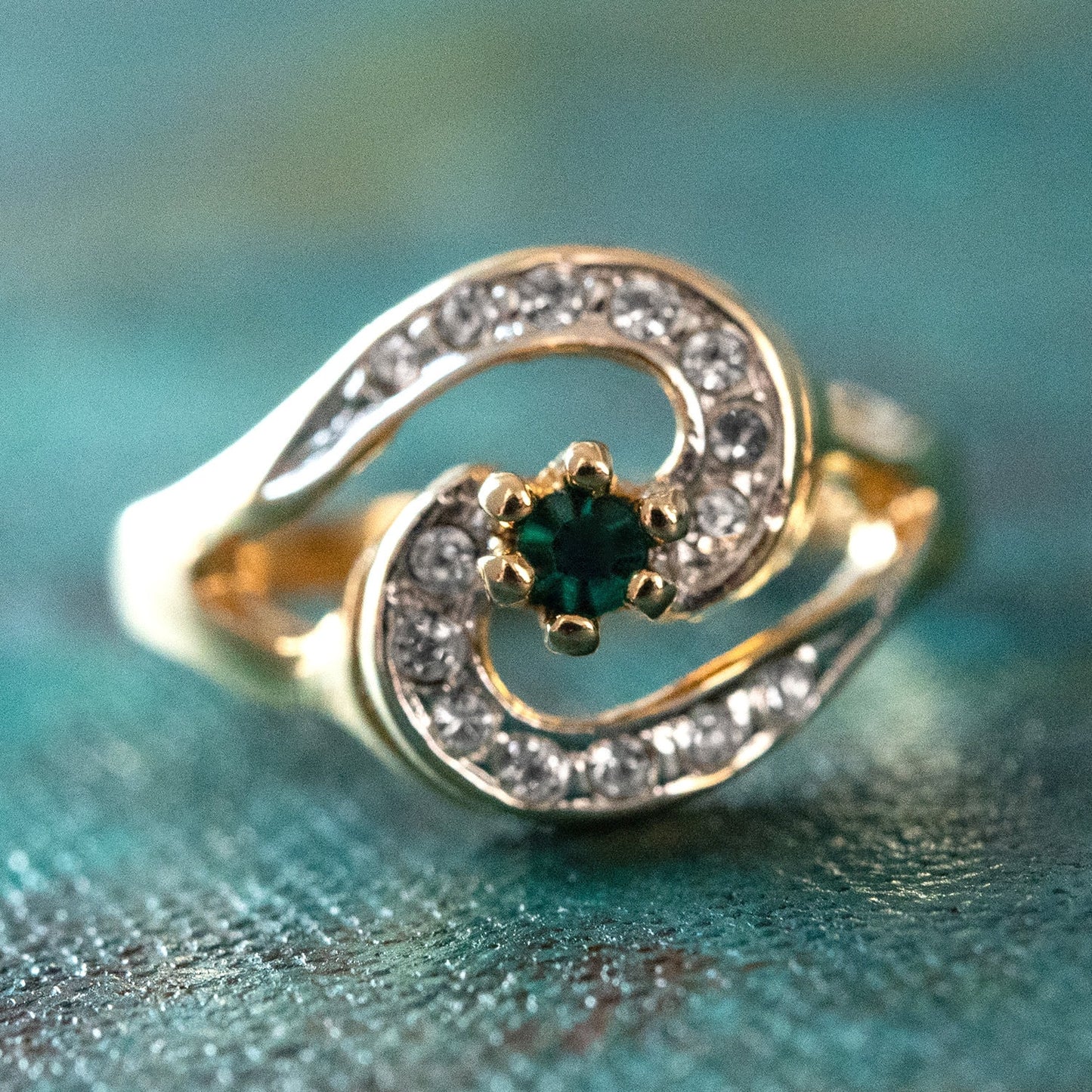 Vintage Ring Emerald Cubic Zirconia 18k Gold Plated Ring with Clear Swarovski Crystals #R1081 - Limited Stock - Never Worn