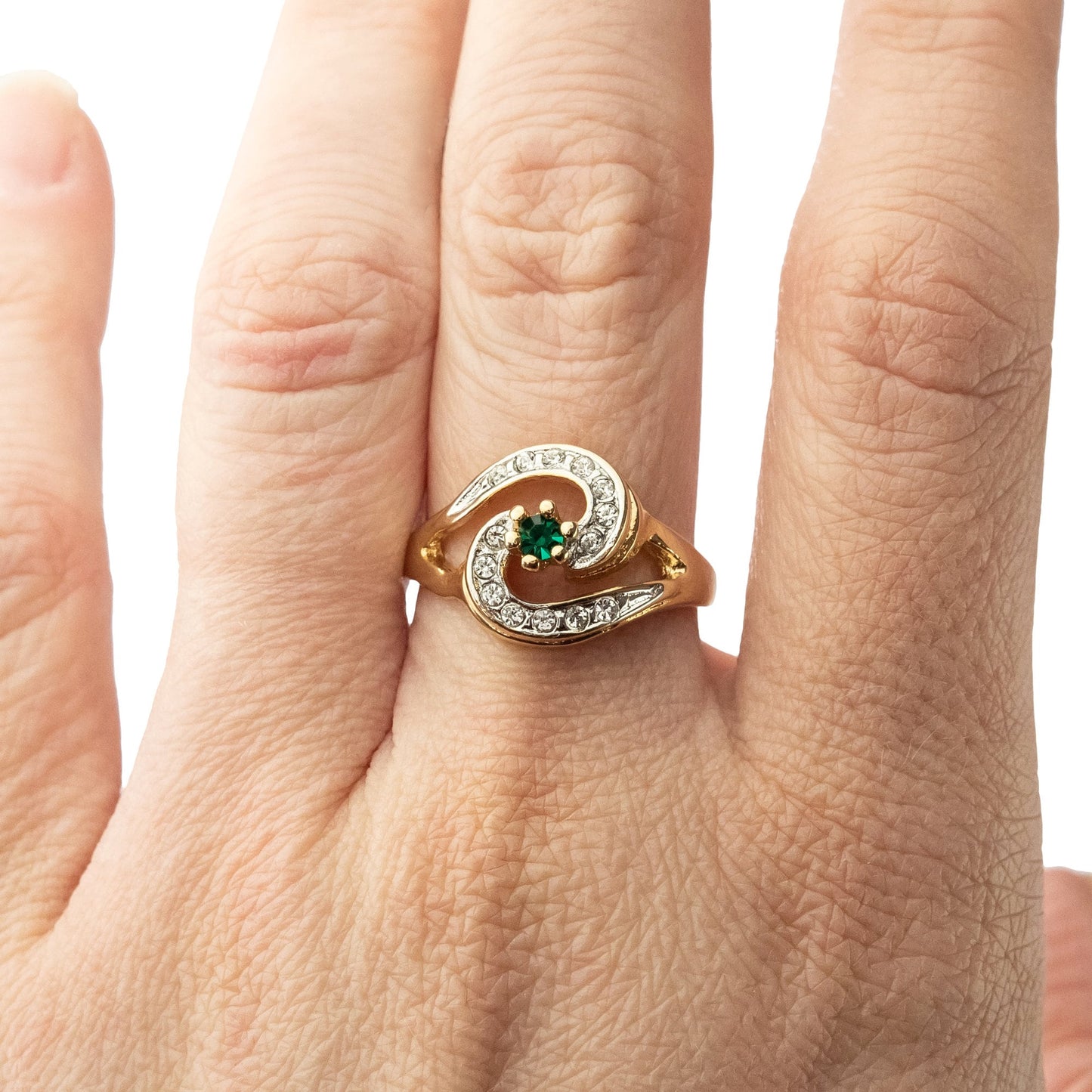Vintage Ring Emerald Cubic Zirconia 18k Gold Plated Ring with Clear Swarovski Crystals #R1081 - Limited Stock - Never Worn