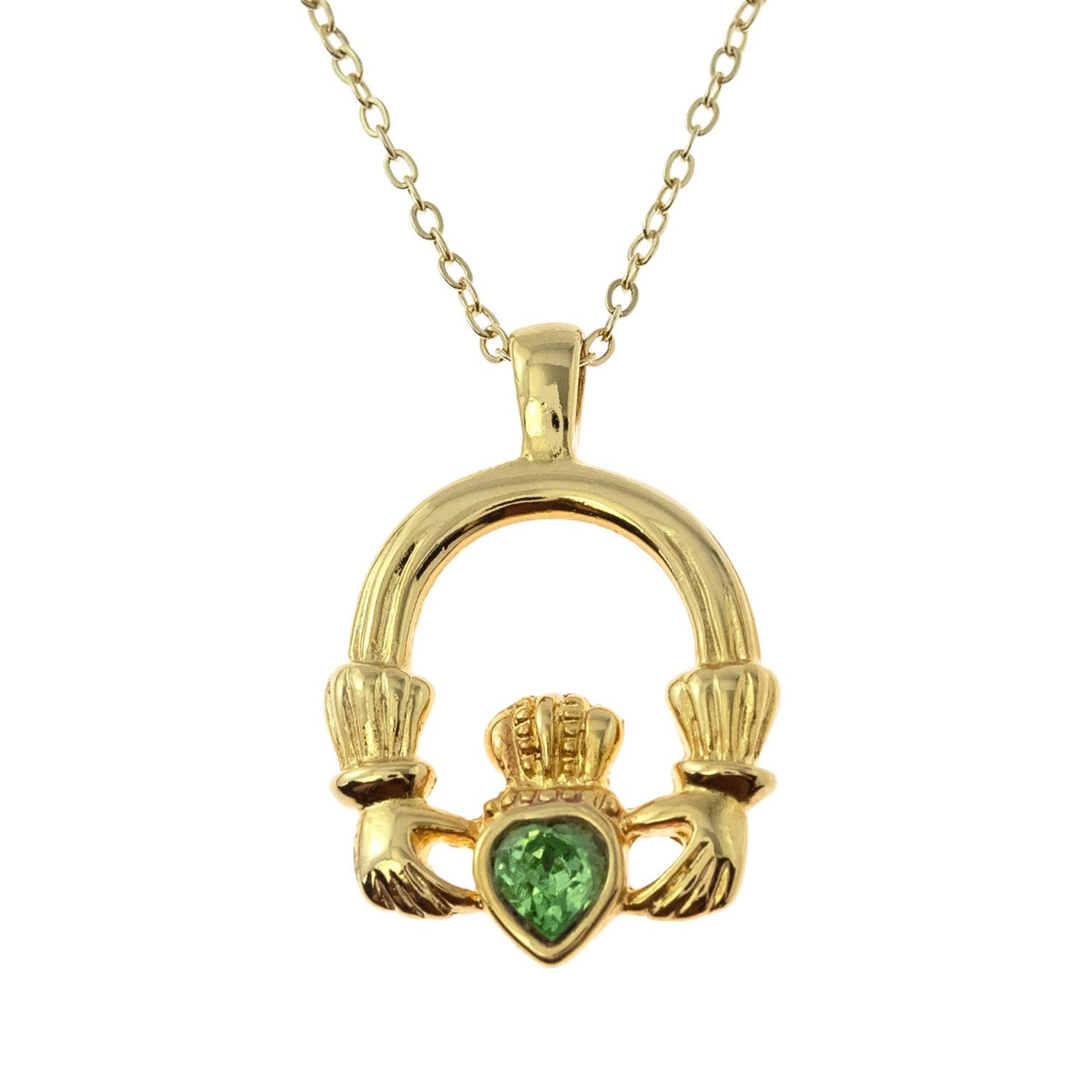 Vintage Claddagh Necklace Peridot Swarovski Heart Crystal Antique 18k Gold Made in the USA N1722