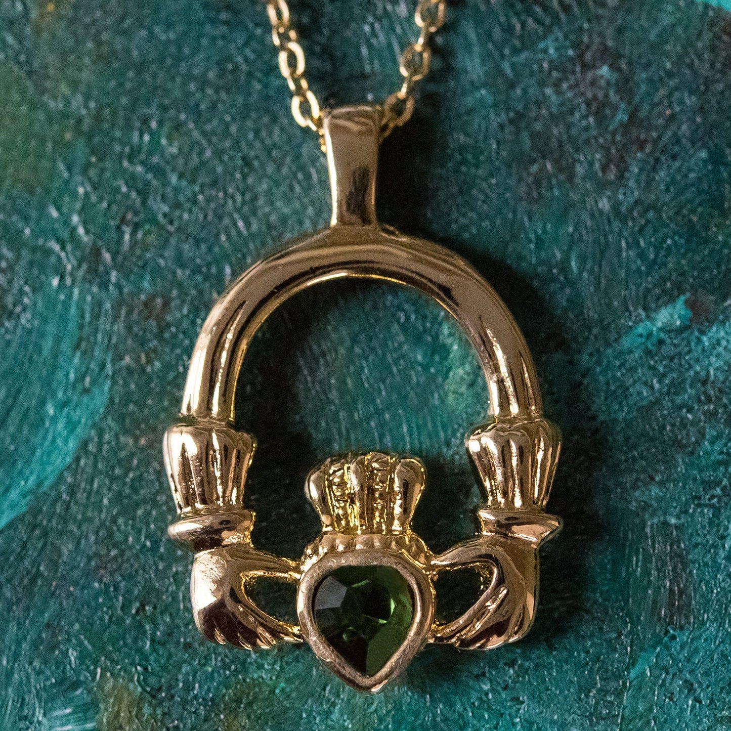 Vintage Claddagh Necklace Green Tourmaline Swarovski Heart Crystal Antique 18k Gold Made in the USA N3099