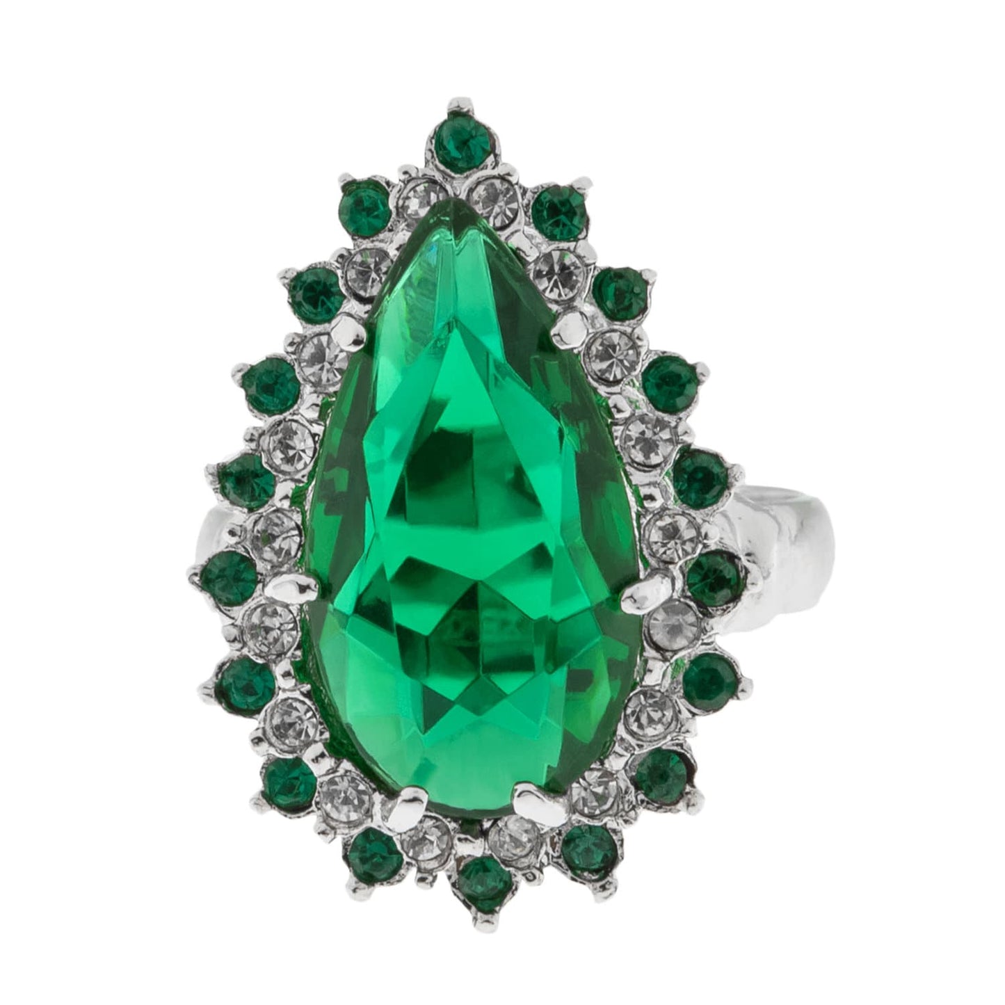 Victorian Emerald and Clear Swarovski Crystals 18k White Gold Silver Cocktail Ring Womans Jewelry #R212 - Limited Stock - Never Worn