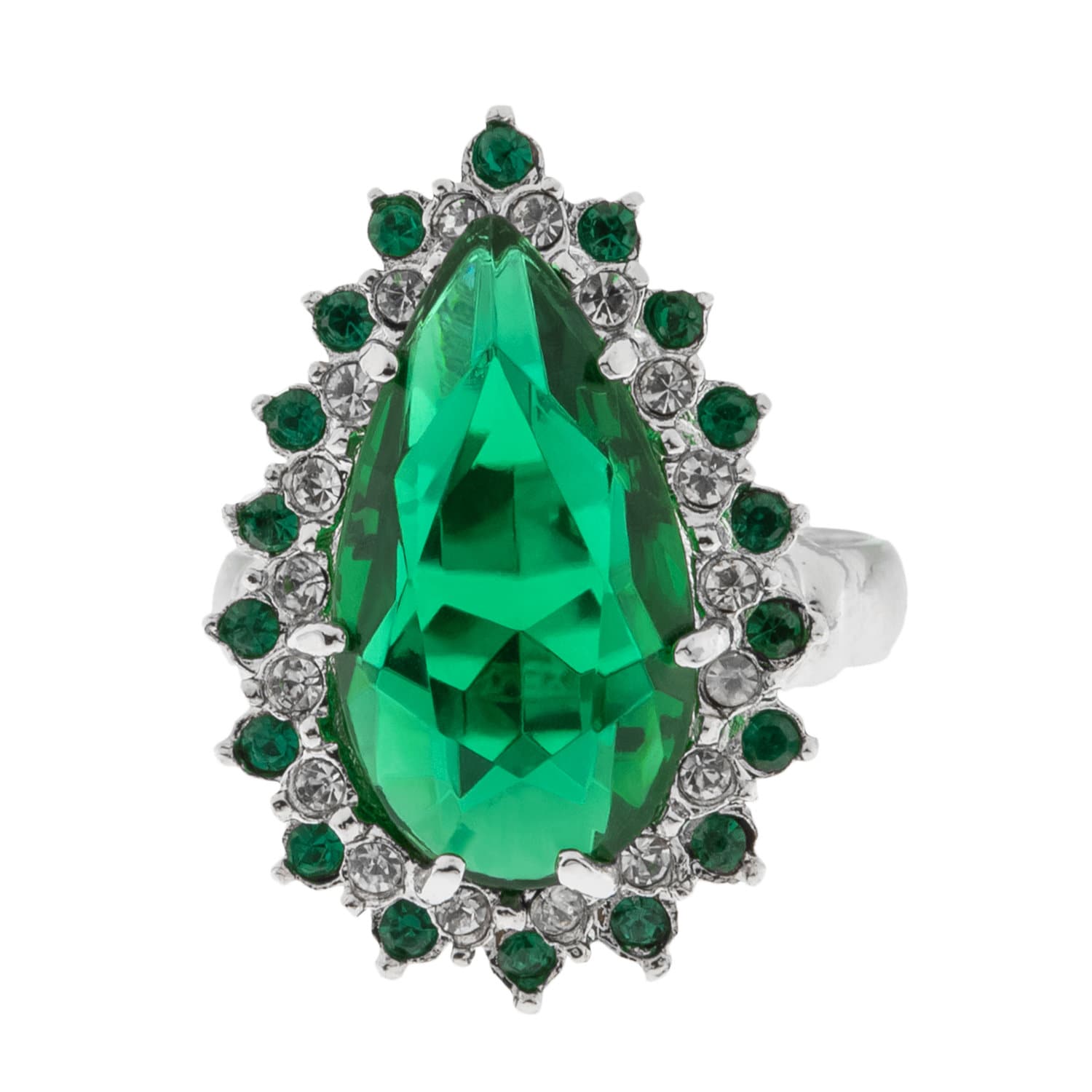 Victorian Emerald and Clear Swarovski Crystals 18k White Gold Silver Cocktail Ring Womans Jewelry #R212 - Limited Stock - Never Worn