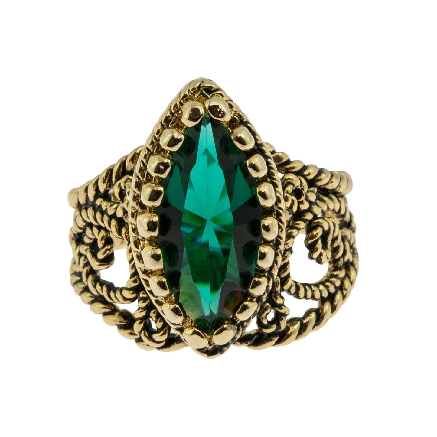 Vintage Ring Emerald Swarovski Crystal Antique 18k Gold Filigree Edwardian Style Womans Victorian Jewelry R1444 - Limited Stock - Never Worn