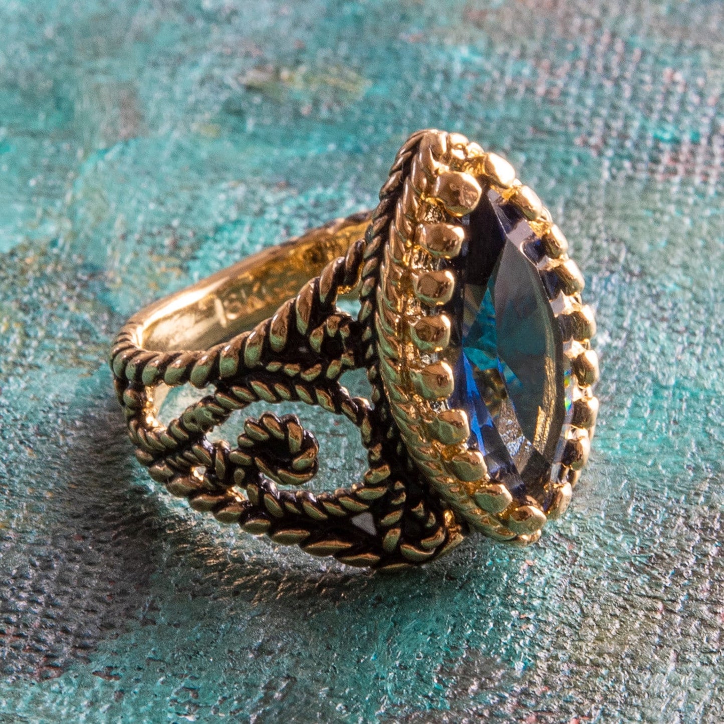 Vintage Ring Sapphire Swarovski Crystal Antique 18k Gold Filigree Edwardian Style Womans Jewelry #R1444 - Limited Stock - Never Worn