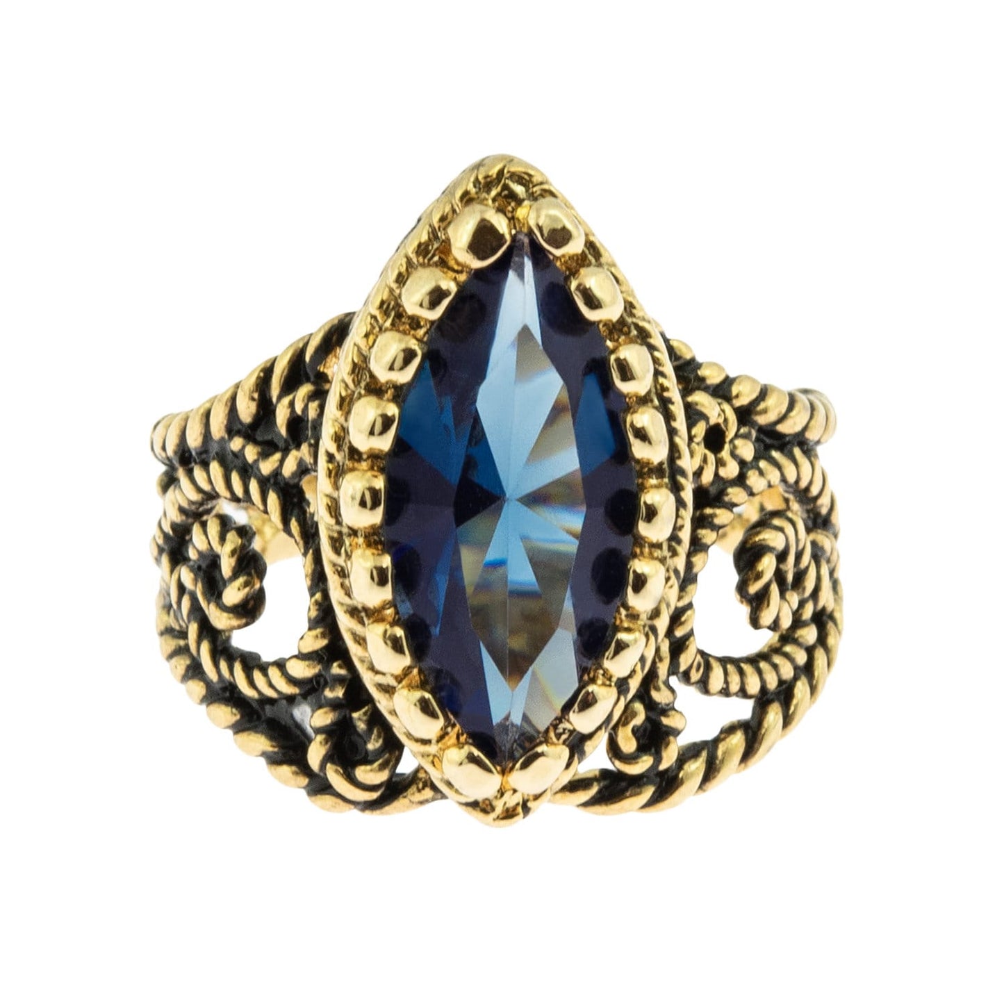 Vintage Ring Sapphire Swarovski Crystal Antique 18k Gold Filigree Edwardian Style Womans Jewelry #R1444 - Limited Stock - Never Worn