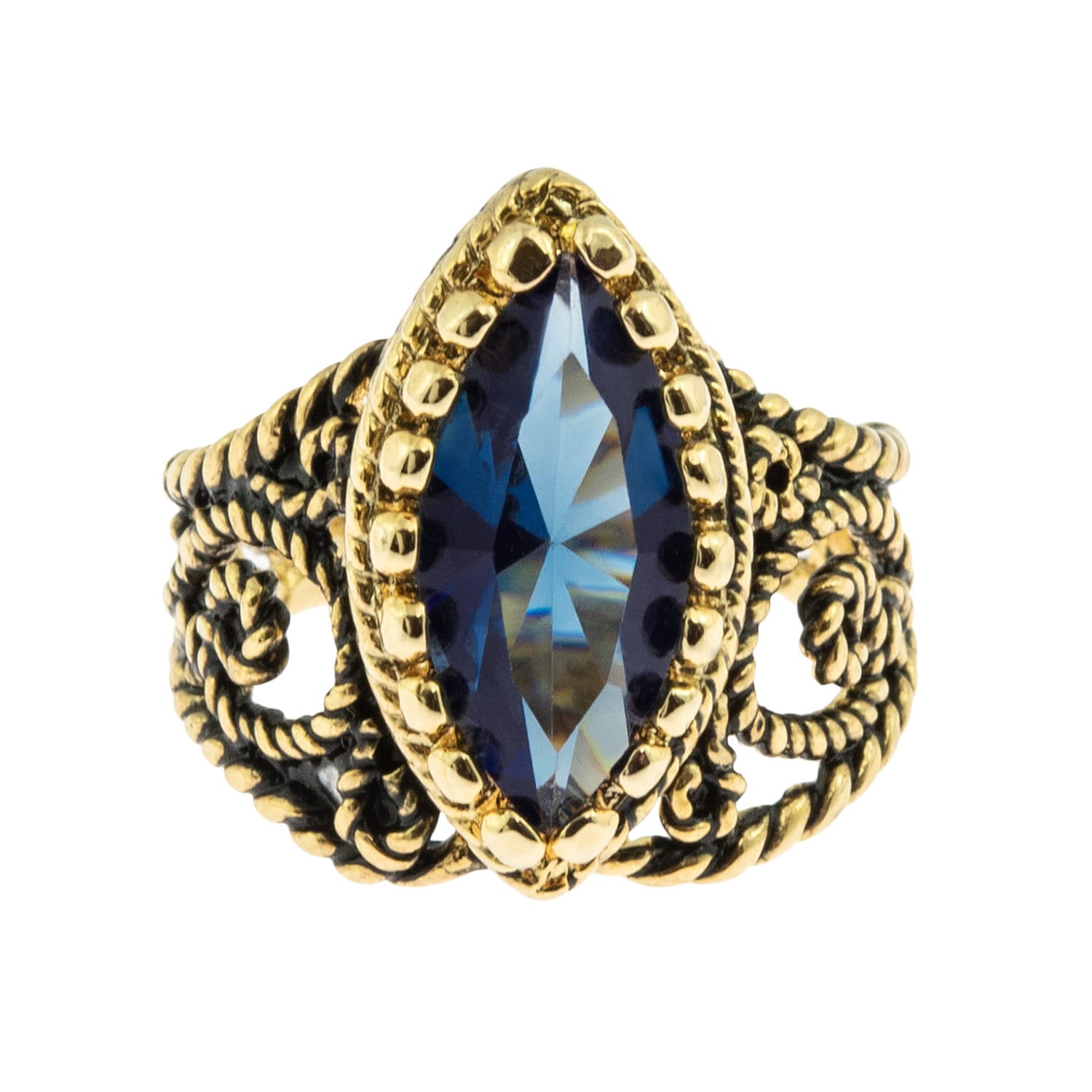 Vintage Ring Sapphire Swarovski Crystal Antique 18k Gold Filigree Edwardian Style Womans Jewelry #R1444 - Limited Stock - Never Worn
