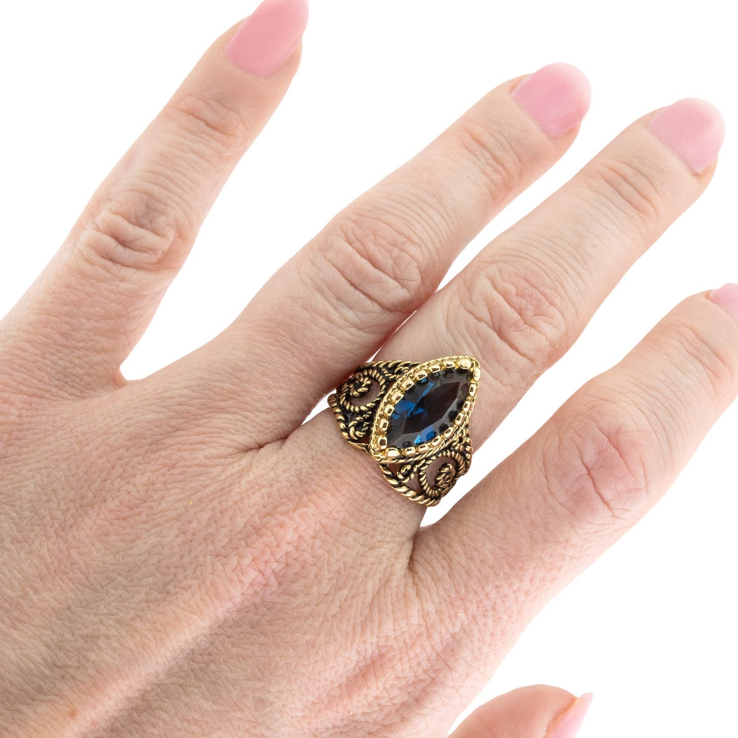 Vintage Ring Sapphire Swarovski Crystal Antique 18k Gold Filigree Edwardian Style Womans Jewelry #R1444 - Limited Stock - Never Worn
