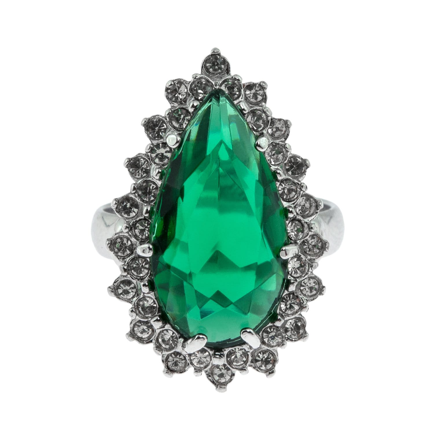 Victorian Style Ring Emerald and Clear Swarovski Crystals 18k White Gold Cocktail Ring Antique Womans #R212 - Limited Stock - Never Worn