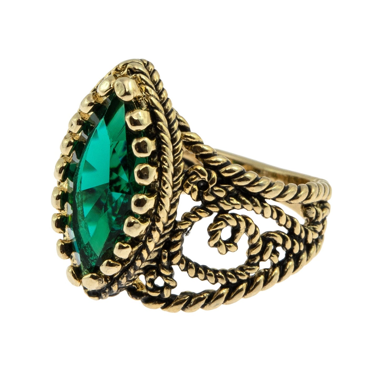 Vintage Ring Emerald Swarovski Crystal Antique 18k Gold Filigree Edwardian Style Womans Victorian Jewelry R1444 - Limited Stock - Never Worn