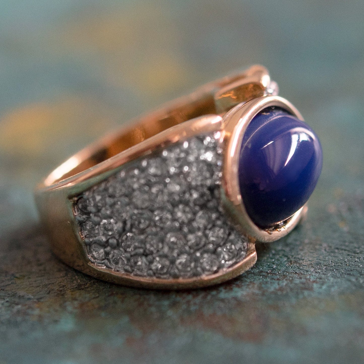 Vintage Ring Lapis Lazuli Bead and Clear Swarovski Crystal Cocktail Ring 18k Gold R1934 - Limited Stock - Never Worn