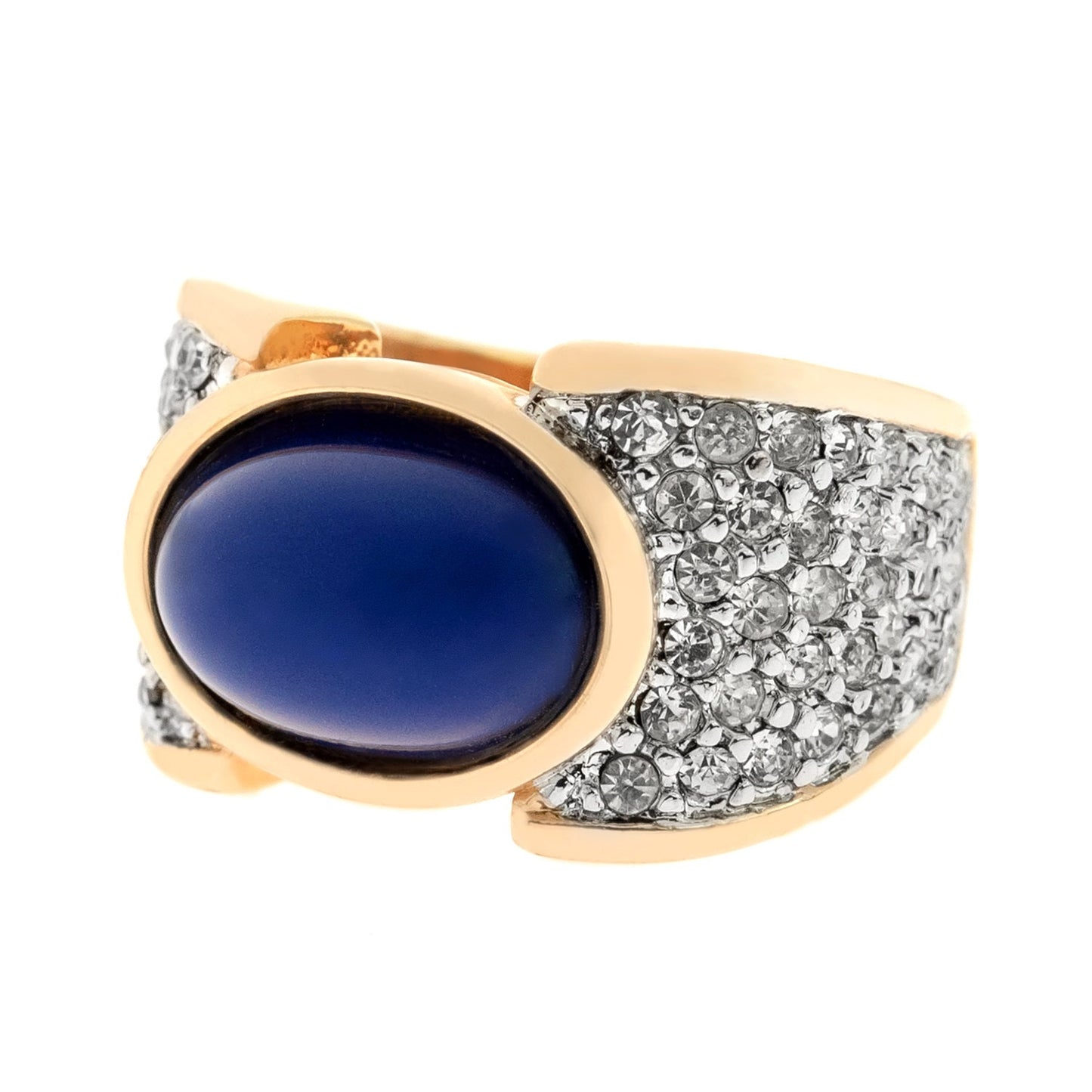 Vintage Ring Lapis Lazuli Bead and Clear Swarovski Crystal Cocktail Ring 18k Gold R1934 - Limited Stock - Never Worn