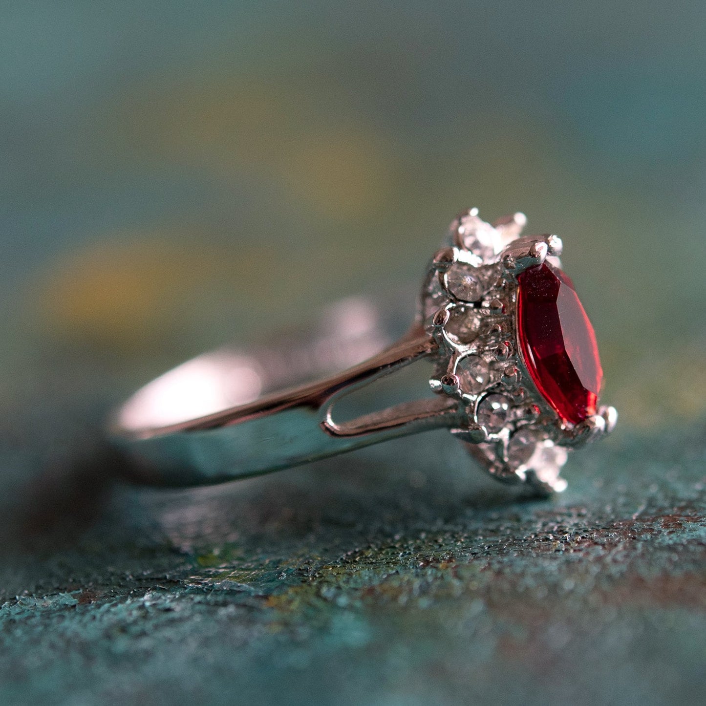 Vintage Ring Ruby and Clear Swarovski Crystals 18kt White Gold Silver July Birthstone #R1314 - Limited Stock - Never Worn