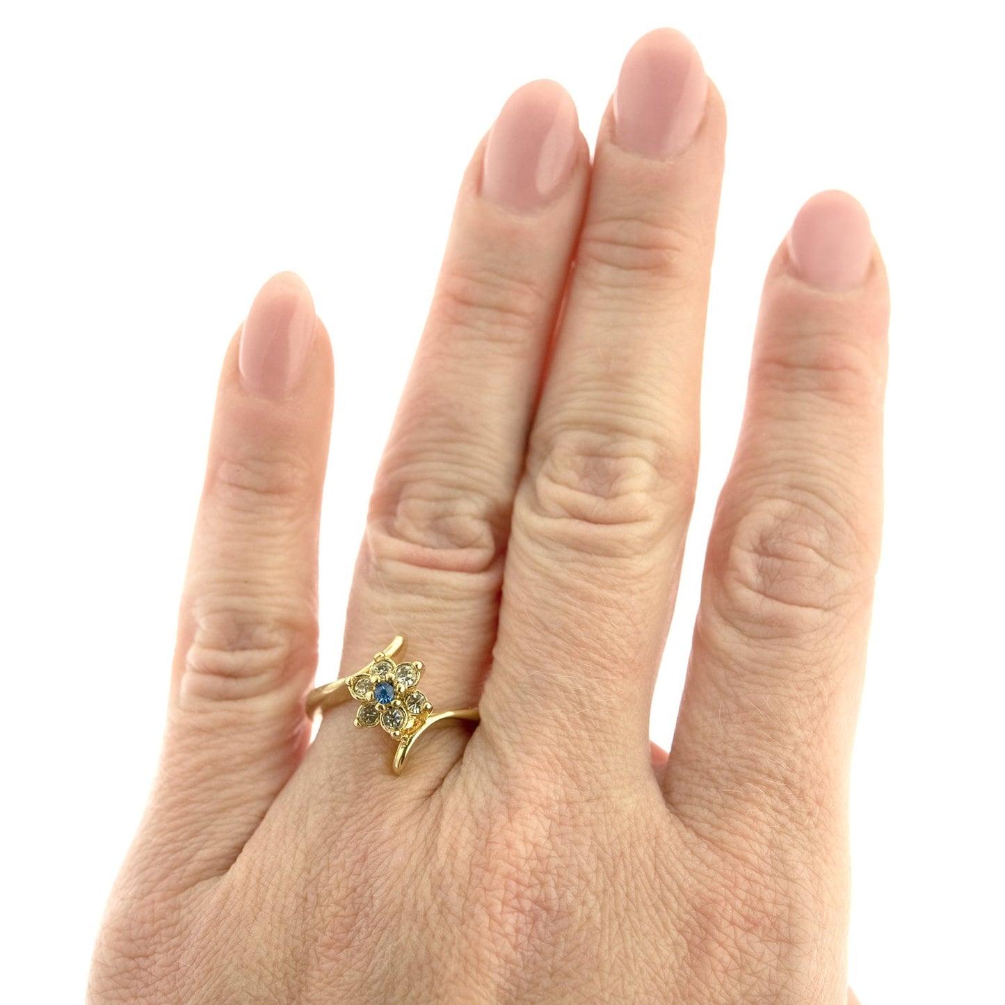 Vintage Ring 1970's Sapphire and Clear Swarovski Crystal Ring 18kt Gold Ring R842 - Limited Stock - Never Worn