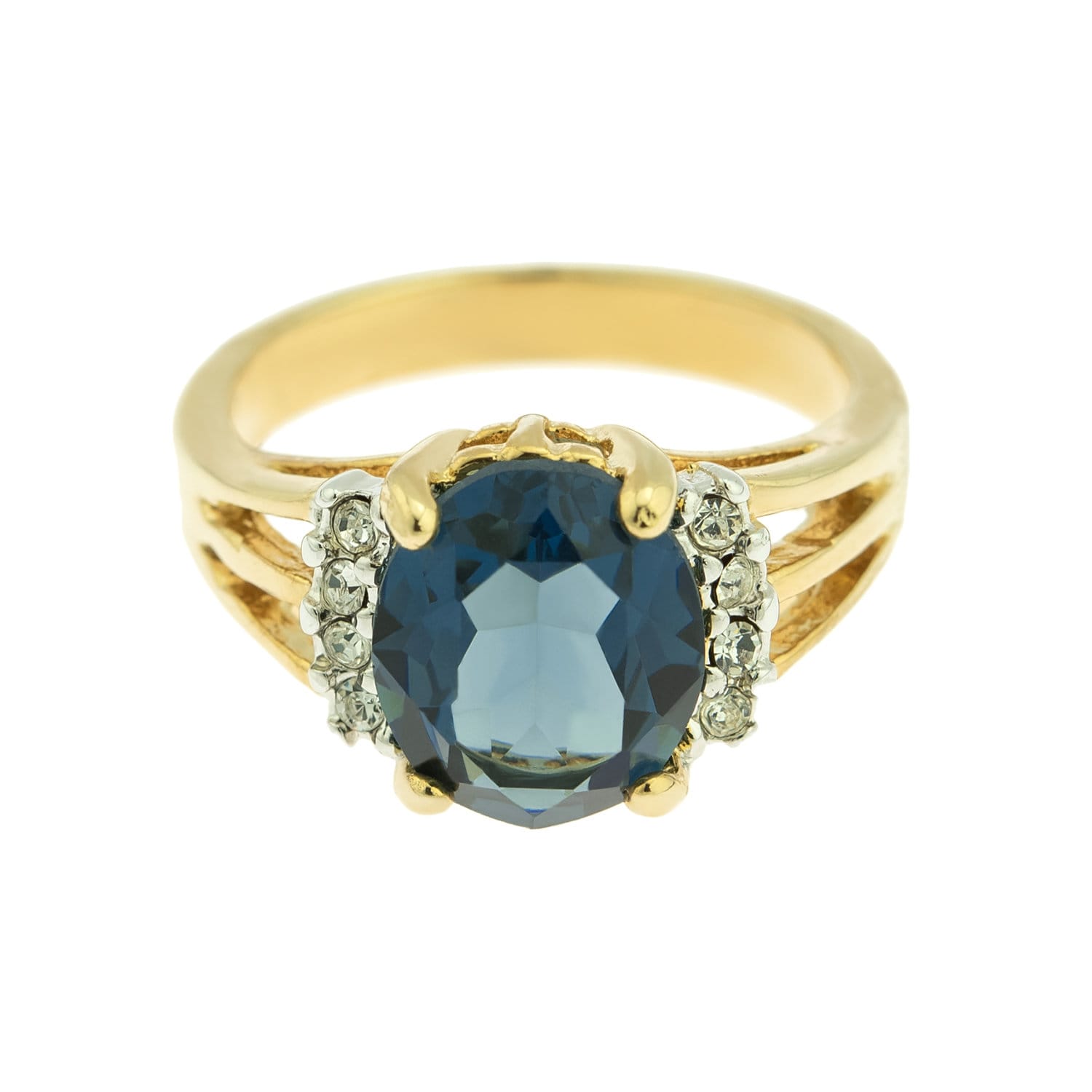 Vintage Ring 1980's Sapphire Cubic Zirconia Ring with Clear Swarovski Crystals 18k Gold  Size 10 Only R1664