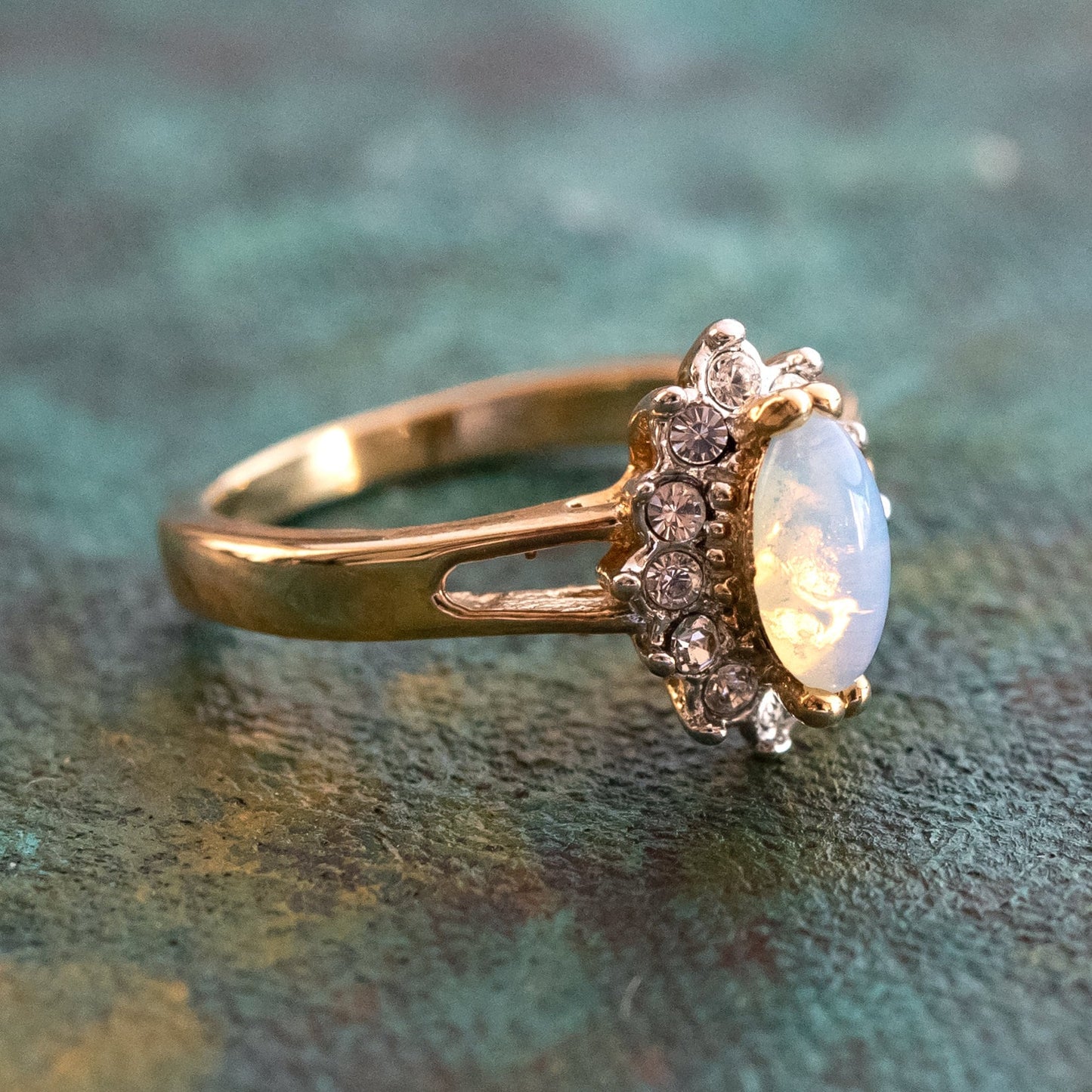 Vintage Ring Genuine Pinfire Opal Ring Engagement with Clear Swarovski Crystals October Birthstone Womans Jewlery #R1314 - LIMITED SUPPLY