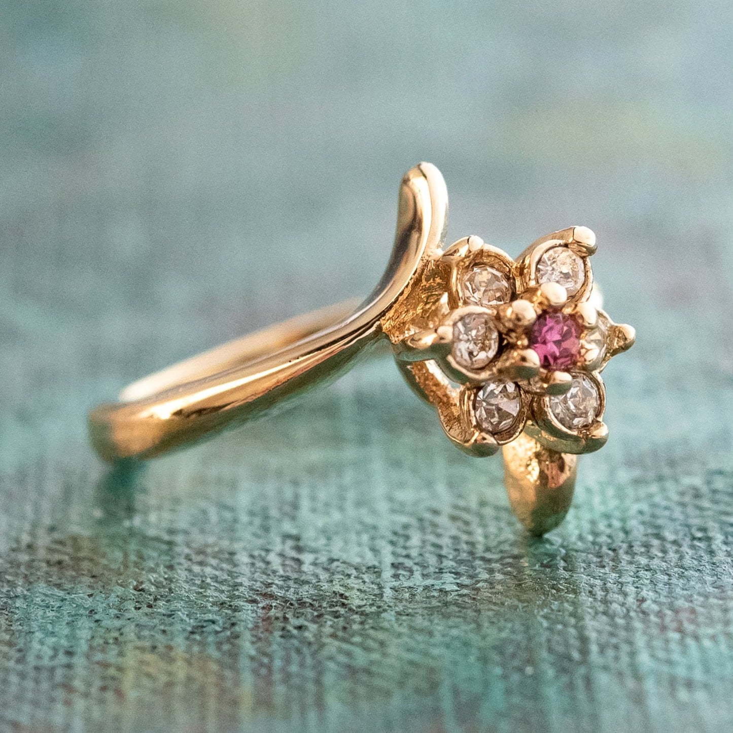 Vintage Ring 1970's Pink Tourmaline and Clear Swarovski Crystal Ring 18kt Gold Ring Size 7 only R842 - Limited Stock - Never Worn