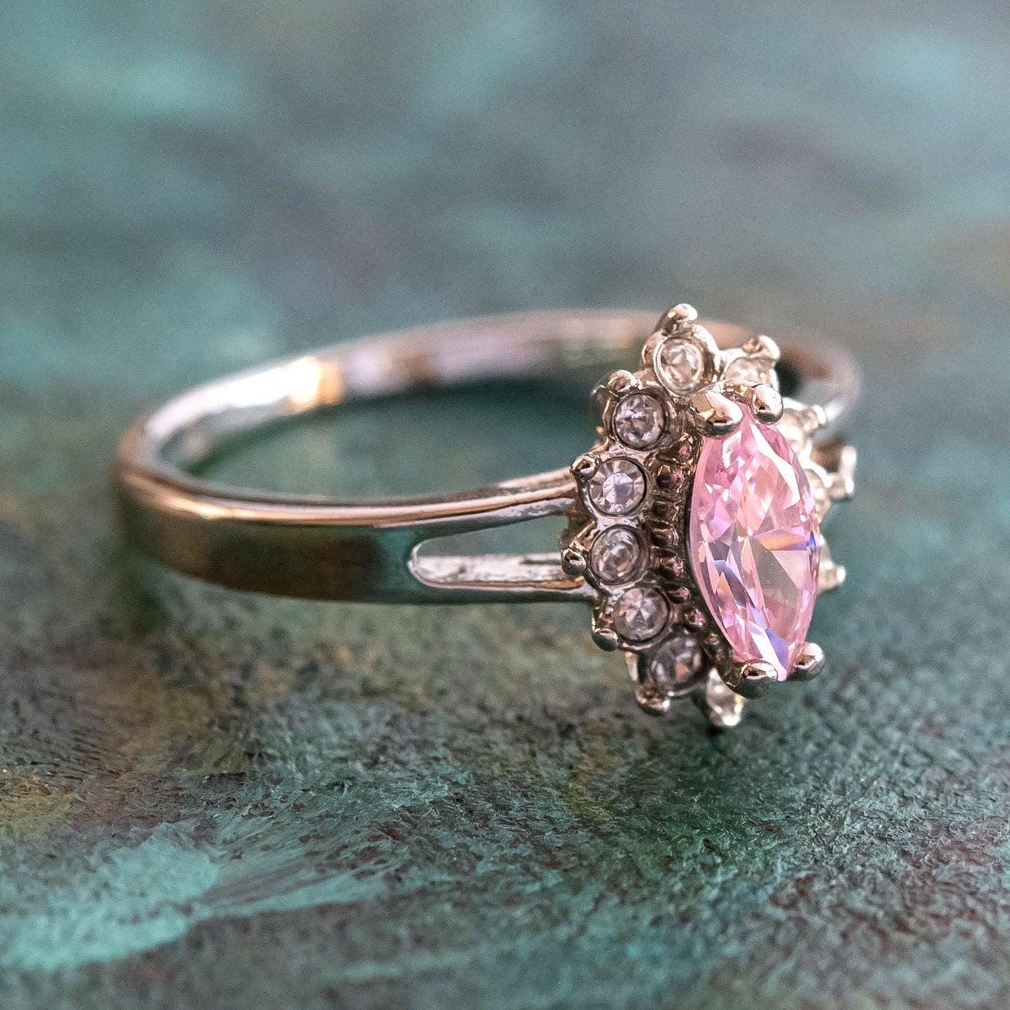 Vintage Ring Pink Tourmaline Cubic Zirconia and Clear Swarovski Crystals 18kt White Gold Silver #R1314 - Limited Stock - Never Worn