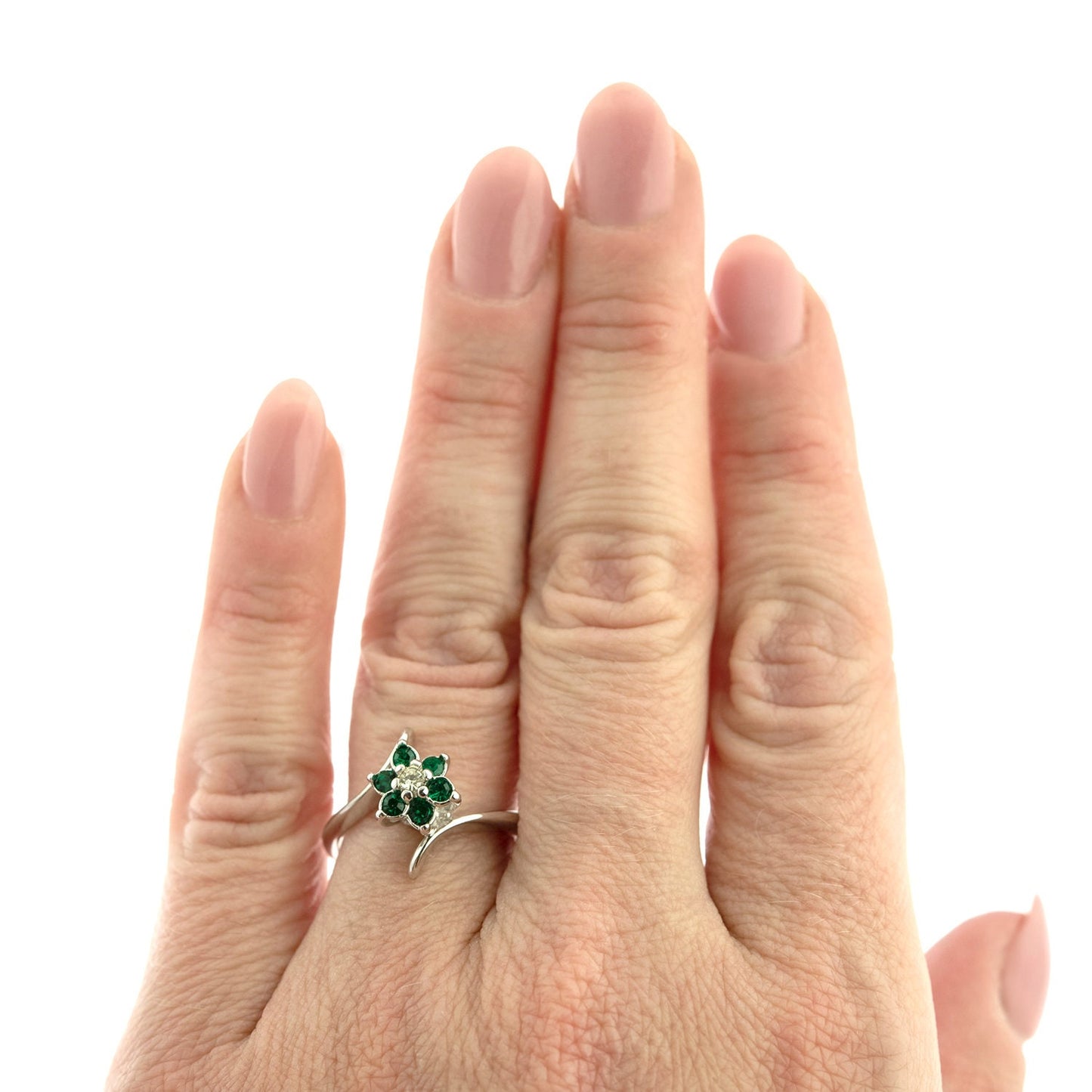 Vintage Ring 1970's Emerald and Swarovski Crystal Ring 18kt White Gold Silver Ring R842 - Limited Stock - Never Worn