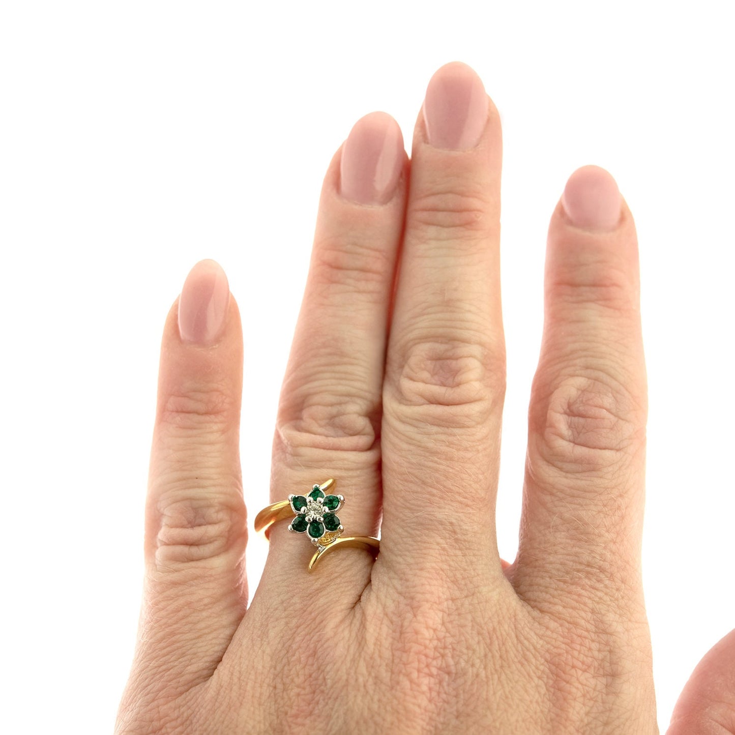 A Vintage Ring 1970's Emerald and Swarovski Crystal Ring 18kt Gold Flower Ring Jewelry Handmade for Women R842 - Limited Stock - Never Worn