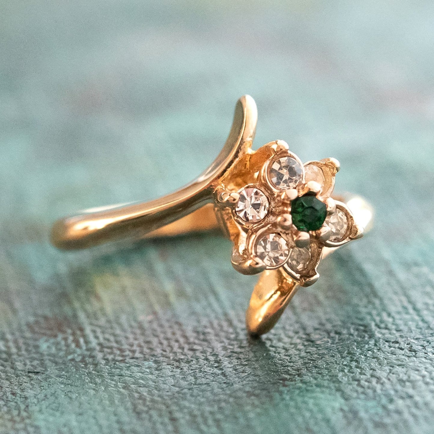 Vintage Ring 1970's Emerald and Swarovski Crystal Ring 18kt Gold Ring R842 - Limited Stock - Never Worn
