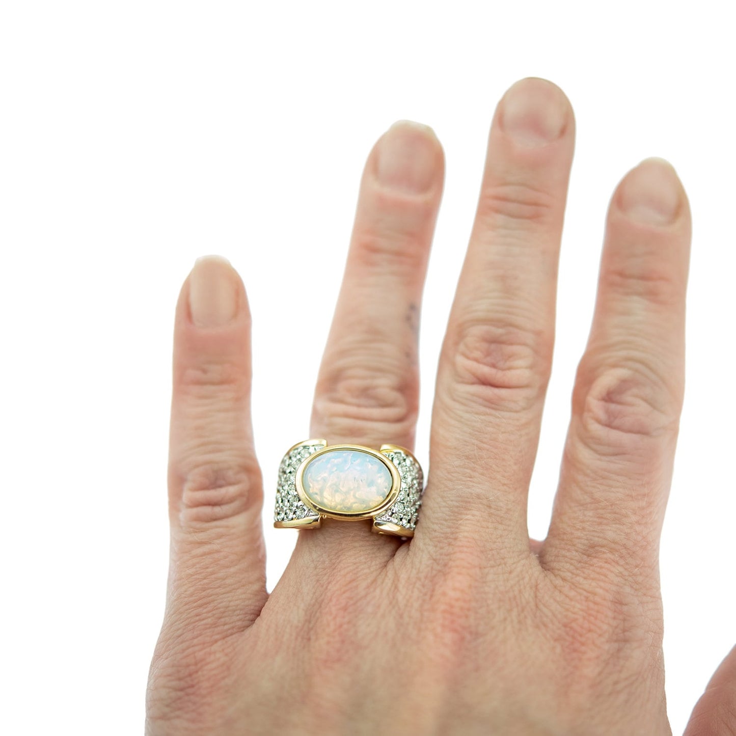 Vintage Ring Genuine Pinfire Opal and Clear Swarovski Crystal Cocktail Ring 18k Gold Antique Jewelry for Women R1934
