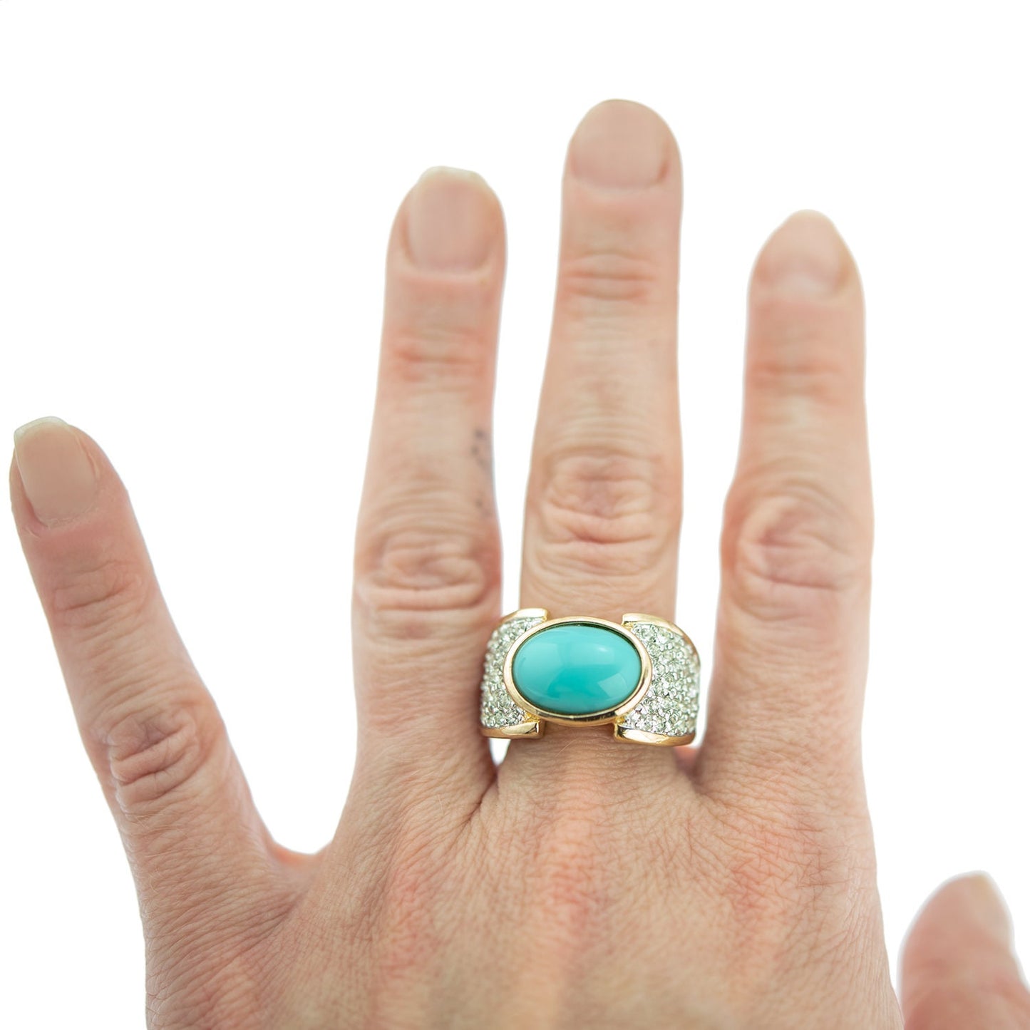 Vintage Ring Turquoise Glass Bead Clear Swarovski Crystals Cocktail Ring 18k Gold Antique Jewlery Womans R1934 - Limited Stock - Never Worn