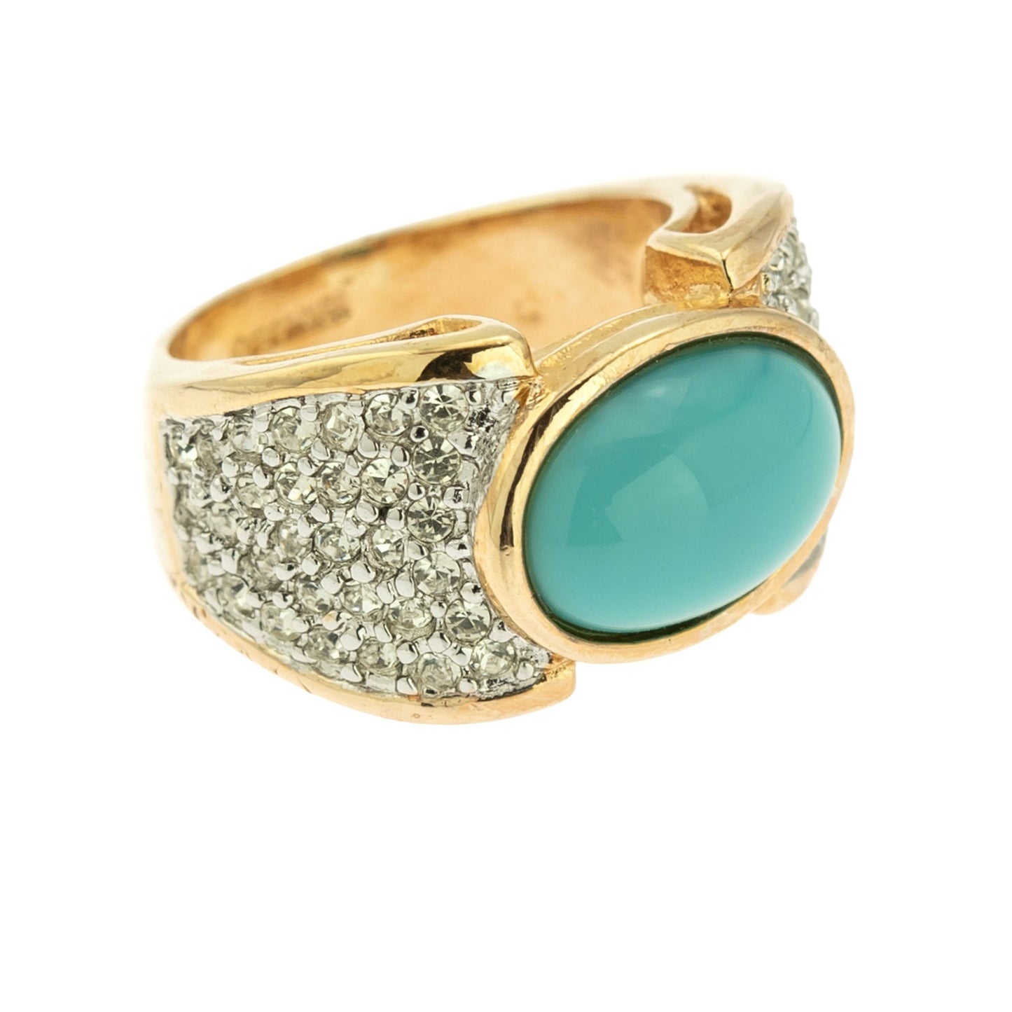 Vintage Ring Turquoise Glass Bead Clear Swarovski Crystals Cocktail Ring 18k Gold Antique Jewlery Womans R1934 - Limited Stock - Never Worn