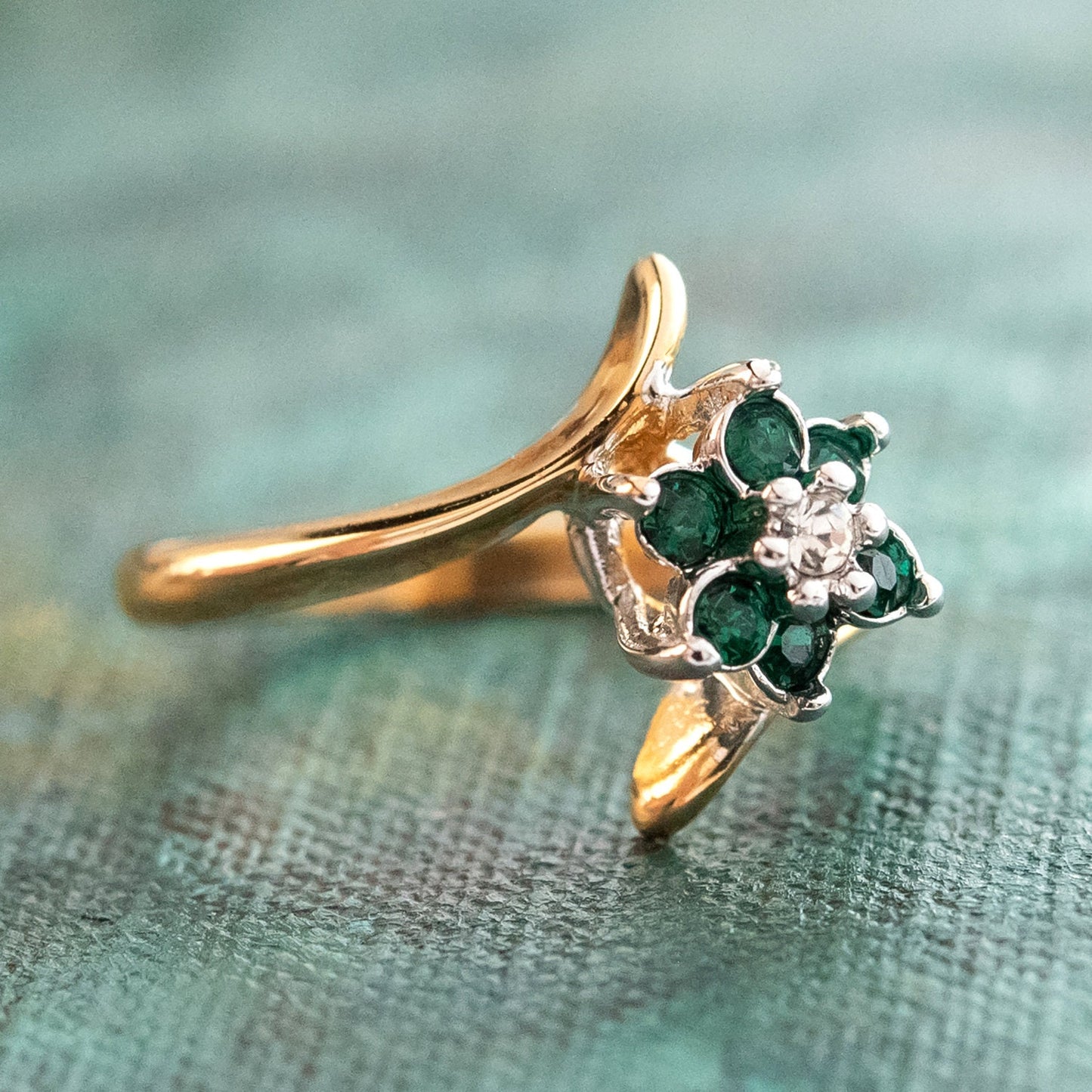A Vintage Ring 1970's Emerald and Swarovski Crystal Ring 18kt Gold Flower Ring Jewelry Handmade for Women R842 - Limited Stock - Never Worn