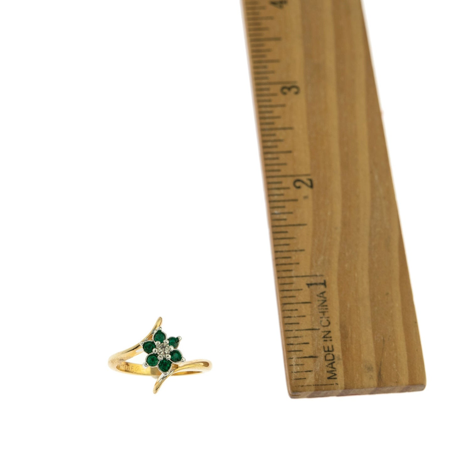 A Vintage Ring 1970's Emerald and Swarovski Crystal Ring 18kt Gold Flower Ring Jewelry Handmade for Women R842 - Limited Stock - Never Worn