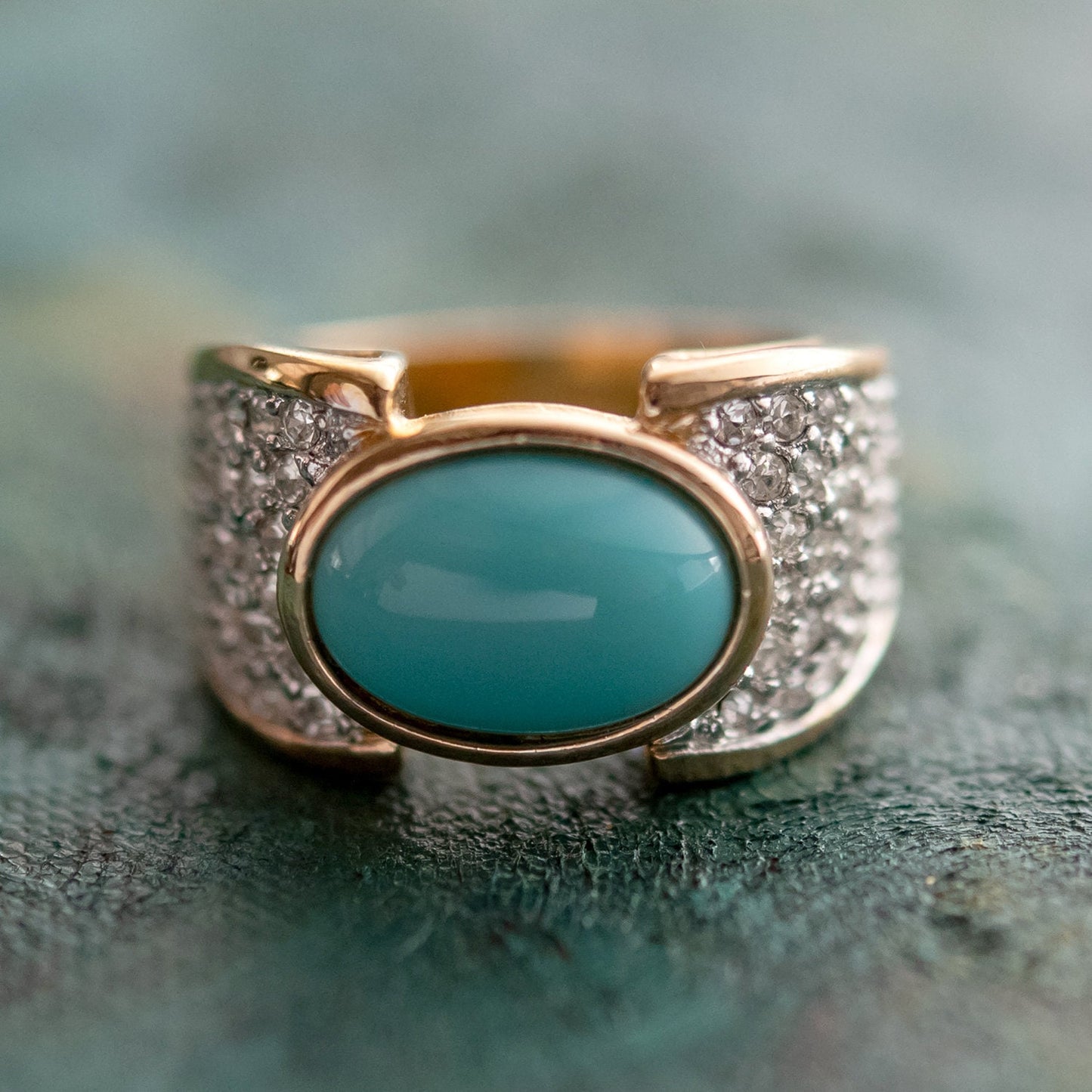 Vintage Ring Turquoise Glass Bead Clear Swarovski Crystals Cocktail Ring 18k Gold Antique Jewlery Womans R1934 - Limited Stock - Never Worn
