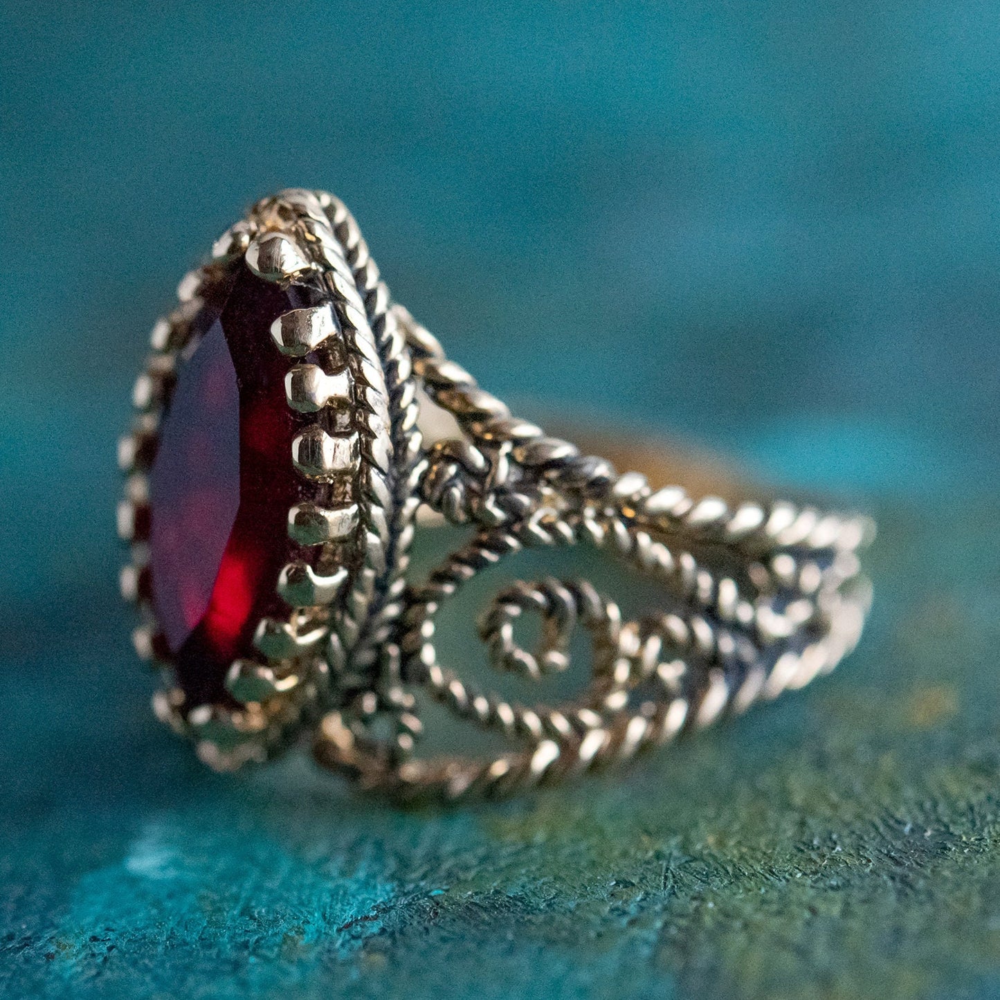 Vintage Ring Garnet Swarovski Crystal Antiqued 18k Yellow Gold Electroplated Filigree Edwardian Style Made In USA#R1444