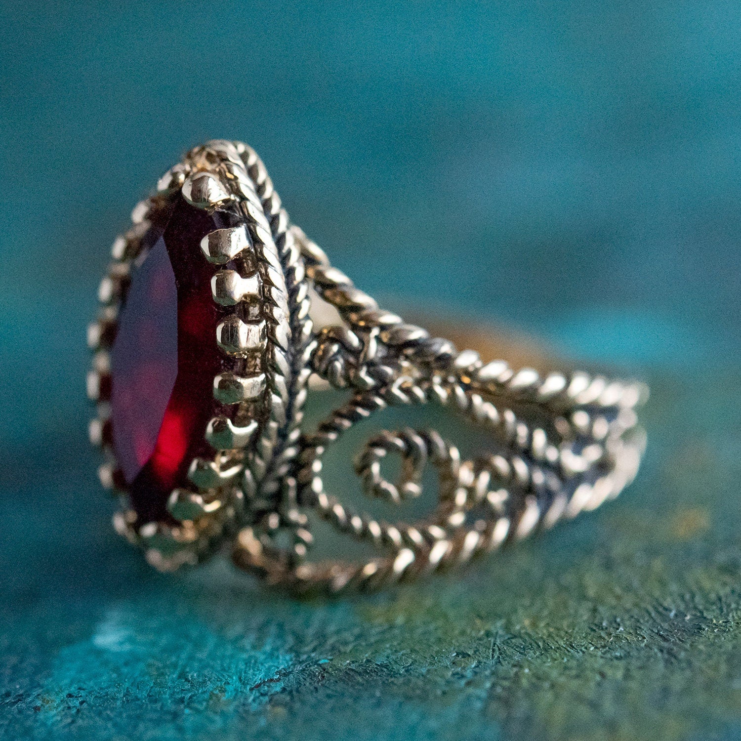 Vintage Ring Garnet Swarovski Crystal Antiqued 18k Yellow Gold Electroplated Filigree Edwardian Style Made In USA#R1444