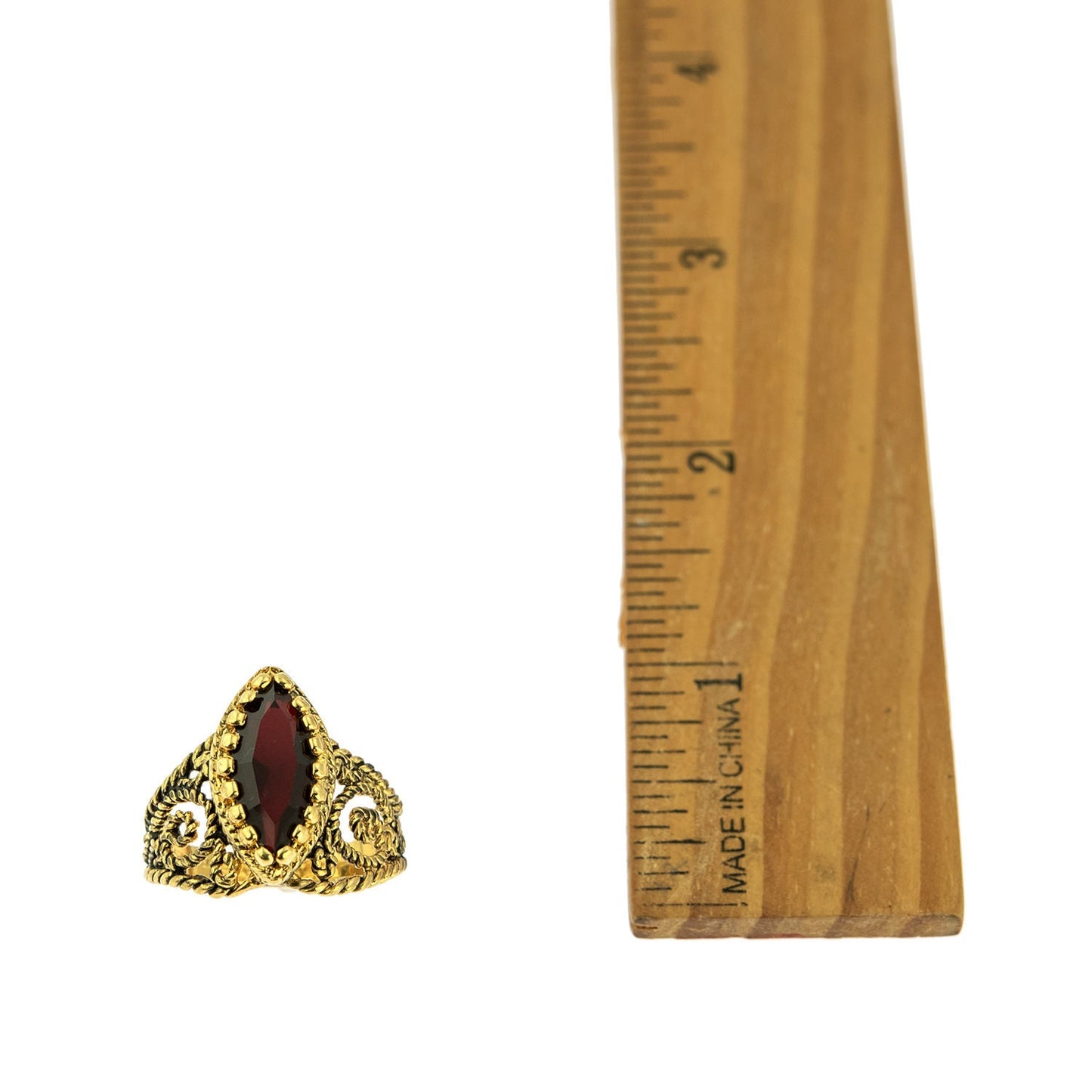 Vintage Ring Garnet Swarovski Crystal Antiqued 18k Yellow Gold Electroplated Filigree Edwardian Style Made In USA#R1444