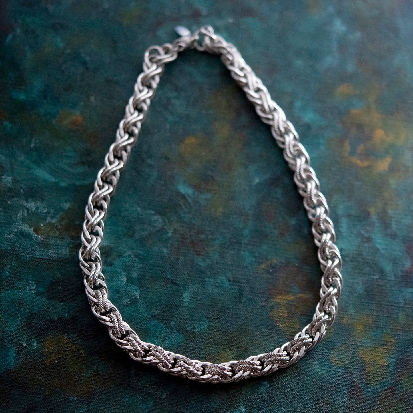 Vintage Oscar De La Renta Silver Tone 18 Inch Textured Links Necklace #OSN475