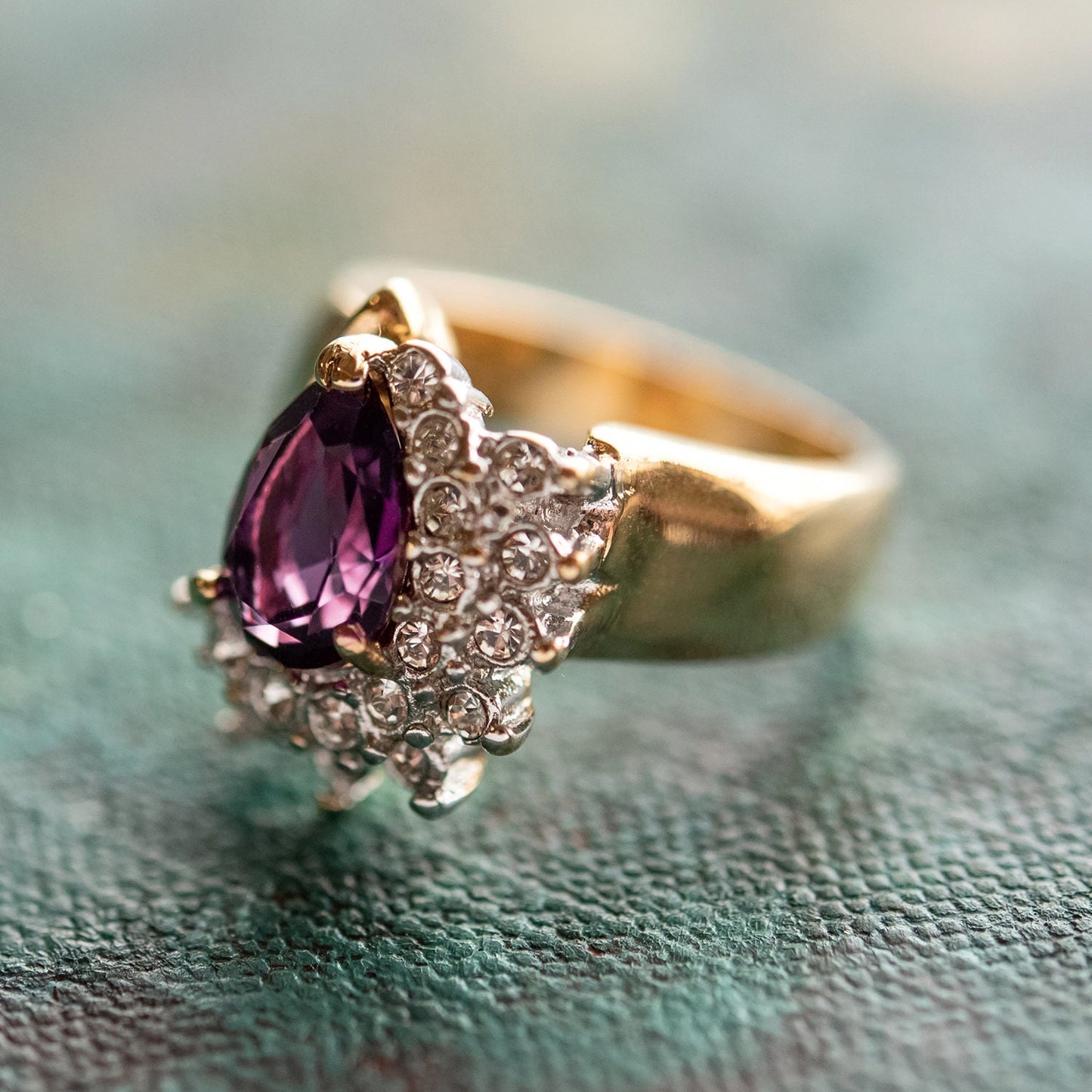 Vintage Ring Amethyst Cubic Zirconia and Clear Swarovski Crystals 18kt Gold #R3163 - Limited Stock - Never Worn