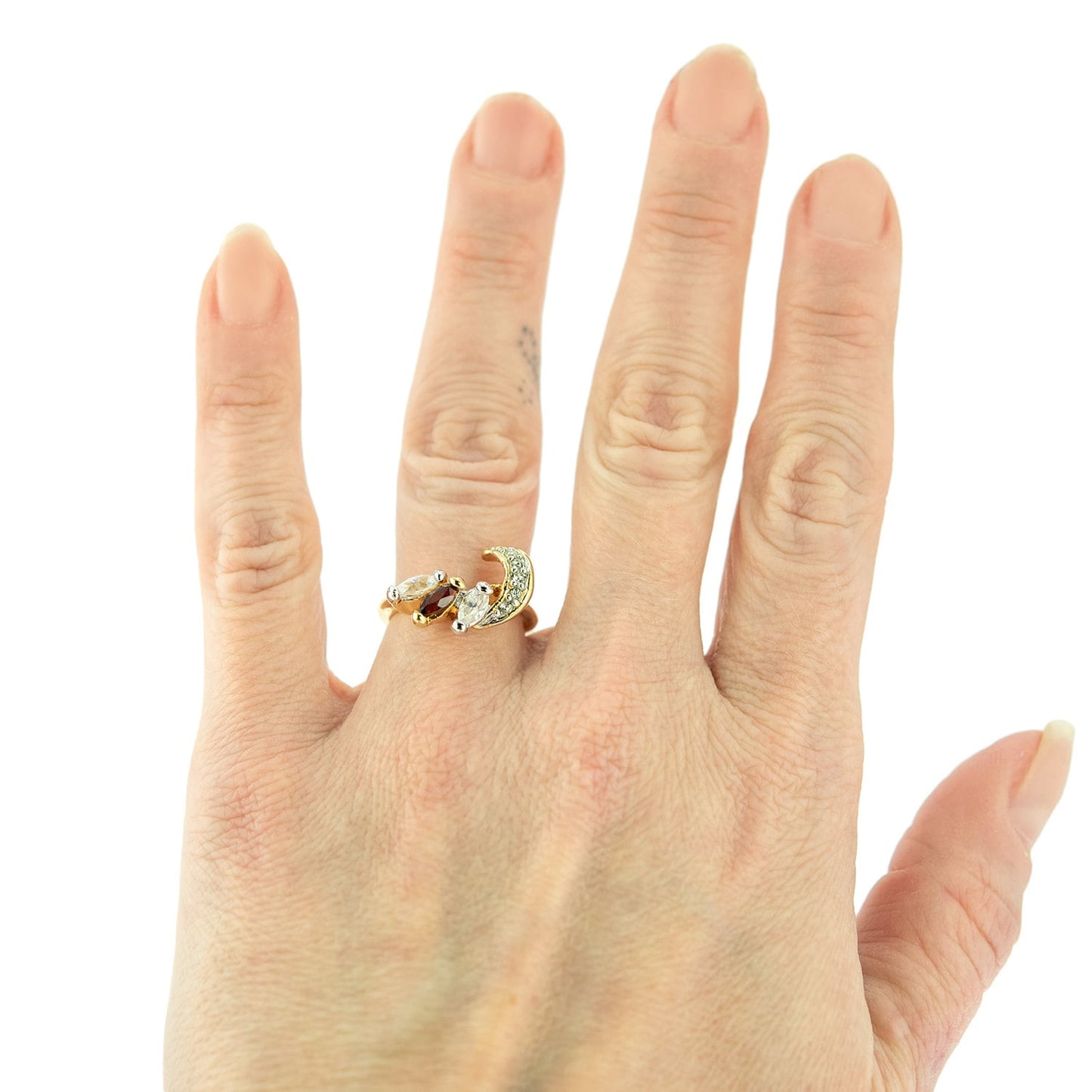 Vintage Womens Ring Genuine Garnet and Crystals 18kt Gold Engagement Wedding Band January Birth Stone