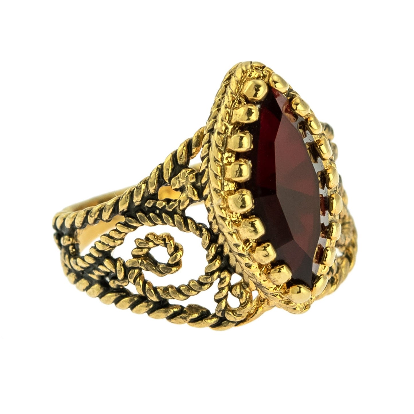 Vintage Ring Garnet Swarovski Crystal Antiqued 18k Yellow Gold Electroplated Filigree Edwardian Style Made In USA#R1444