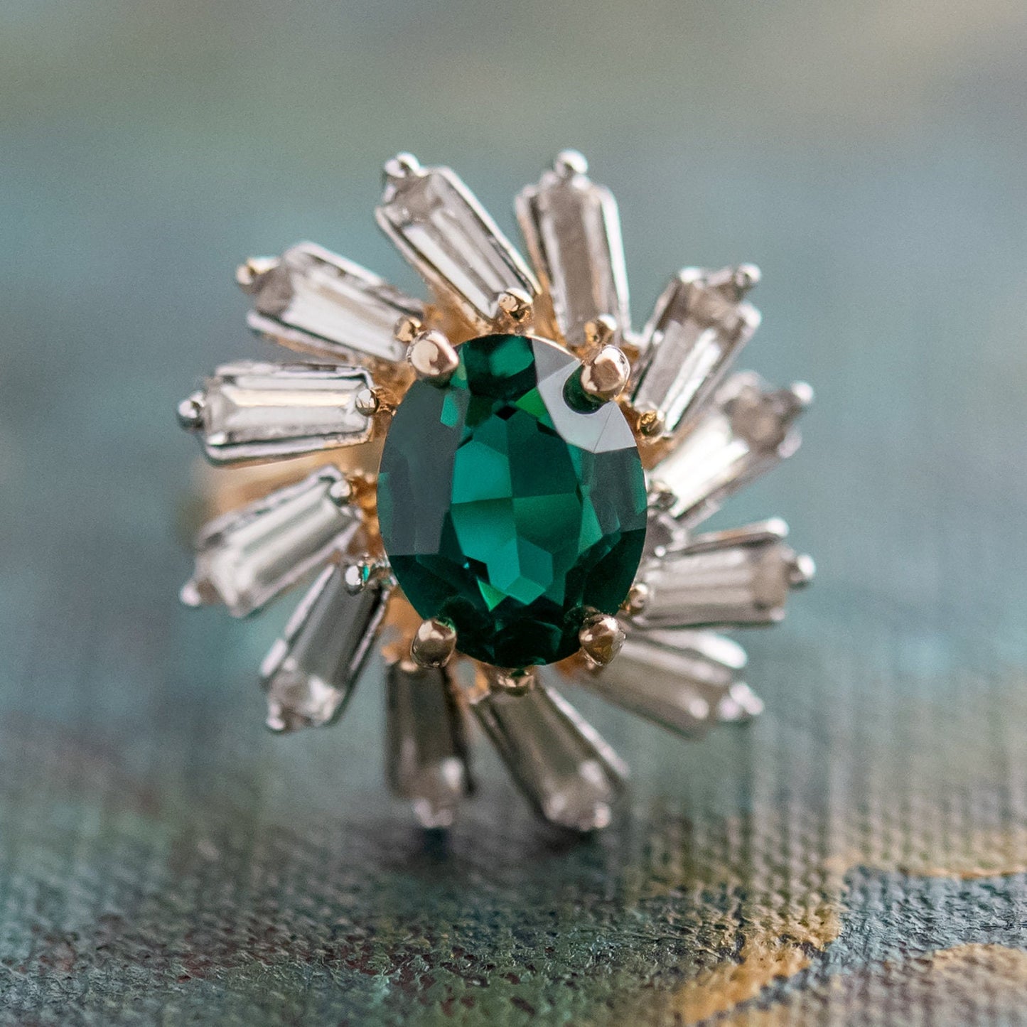 Vintage Ring Emerald or Sapphire and Clear Swarovski Crystal Cocktail Ring 18k Gold R1972-EY