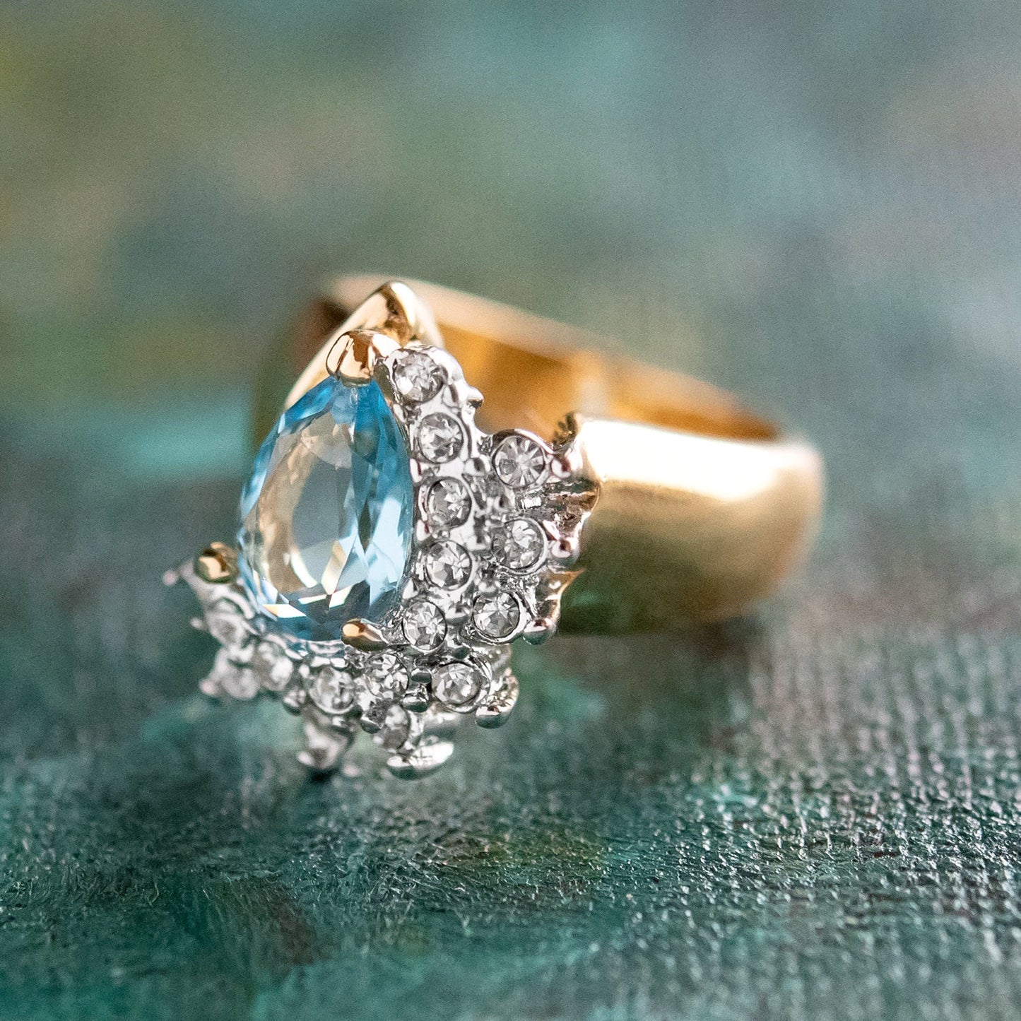 Vintage Ring Aquamarine Cubic Zirconia and Clear Swarovski Crystals 18kt Gold #R3163-AQY - Limited Stock - Never Worn