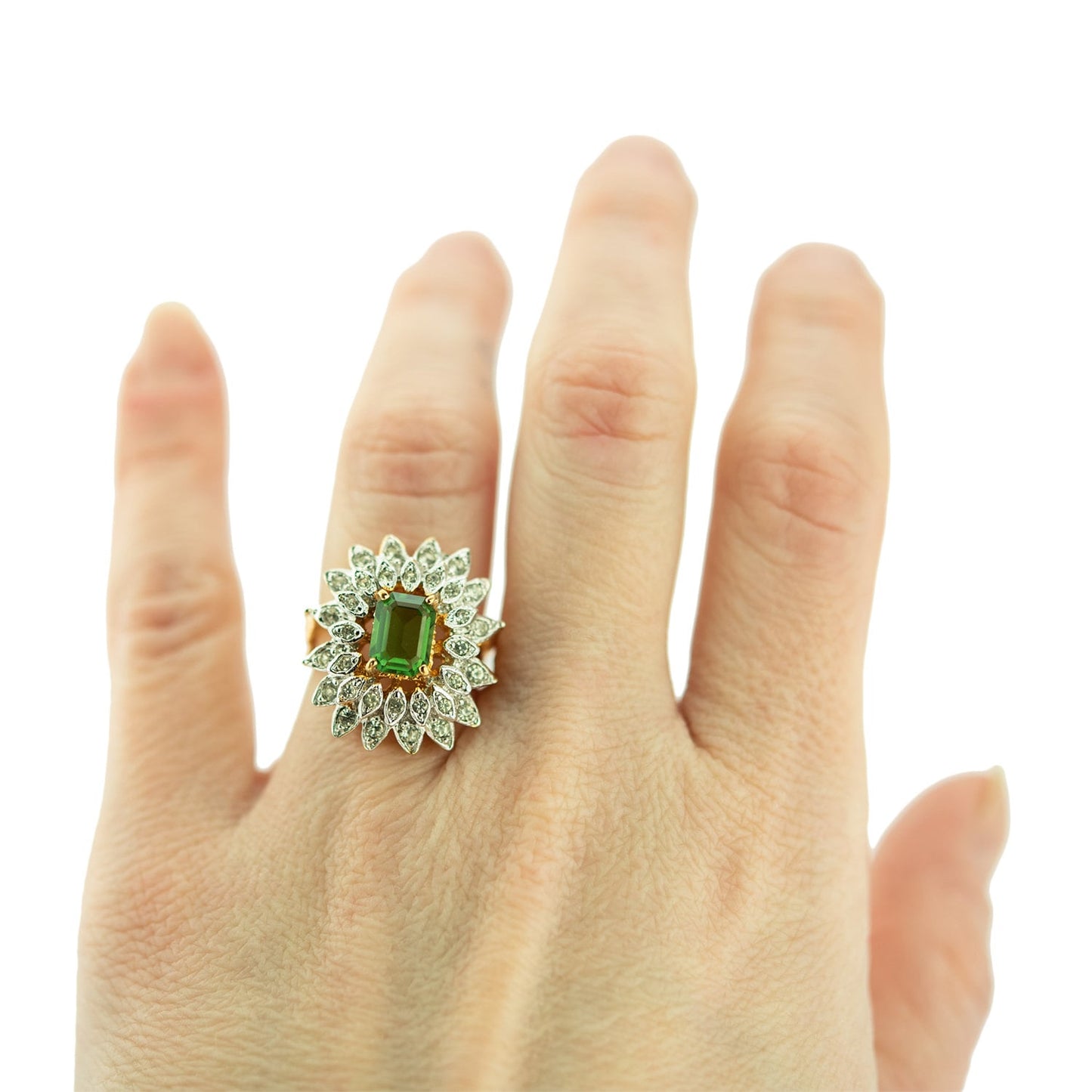 Vintage Ring 1970's Green Tourmaline and Clear Swarovski Crystals 18k Gold #R1968-GTY - Limited Stock - Never Worn