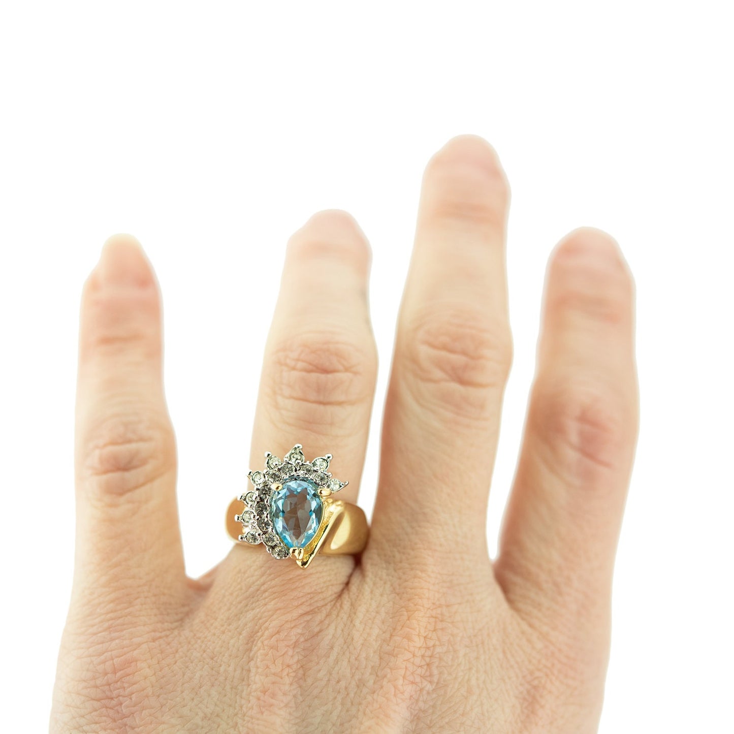 Vintage Ring Aquamarine Cubic Zirconia and Clear Swarovski Crystals 18kt Gold #R3163-AQY - Limited Stock - Never Worn