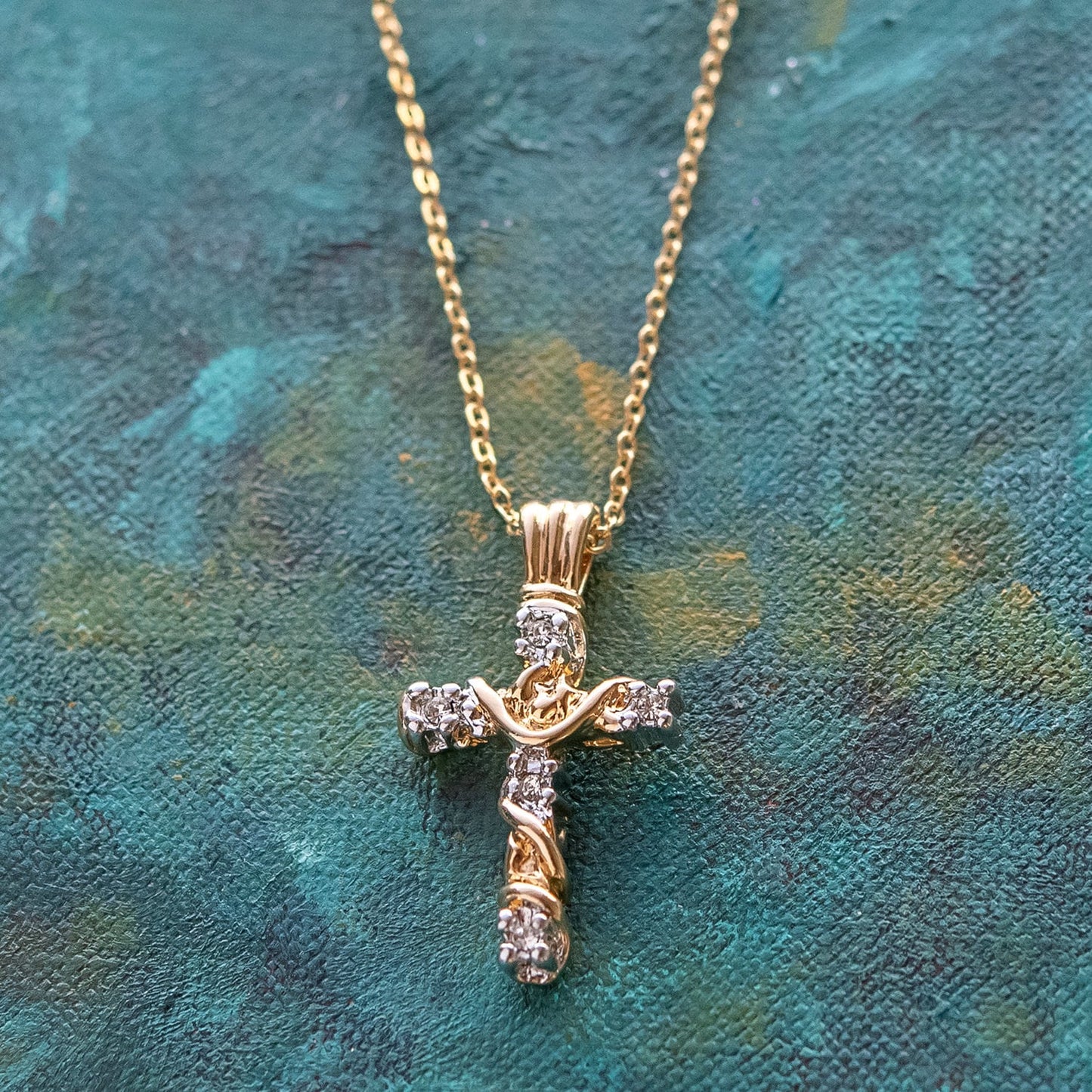 Vintage Cross Pendant with Clear Swarovski Crystals 16 Inch Two Tone Gold Plated Pendant Necklace #N624-YW