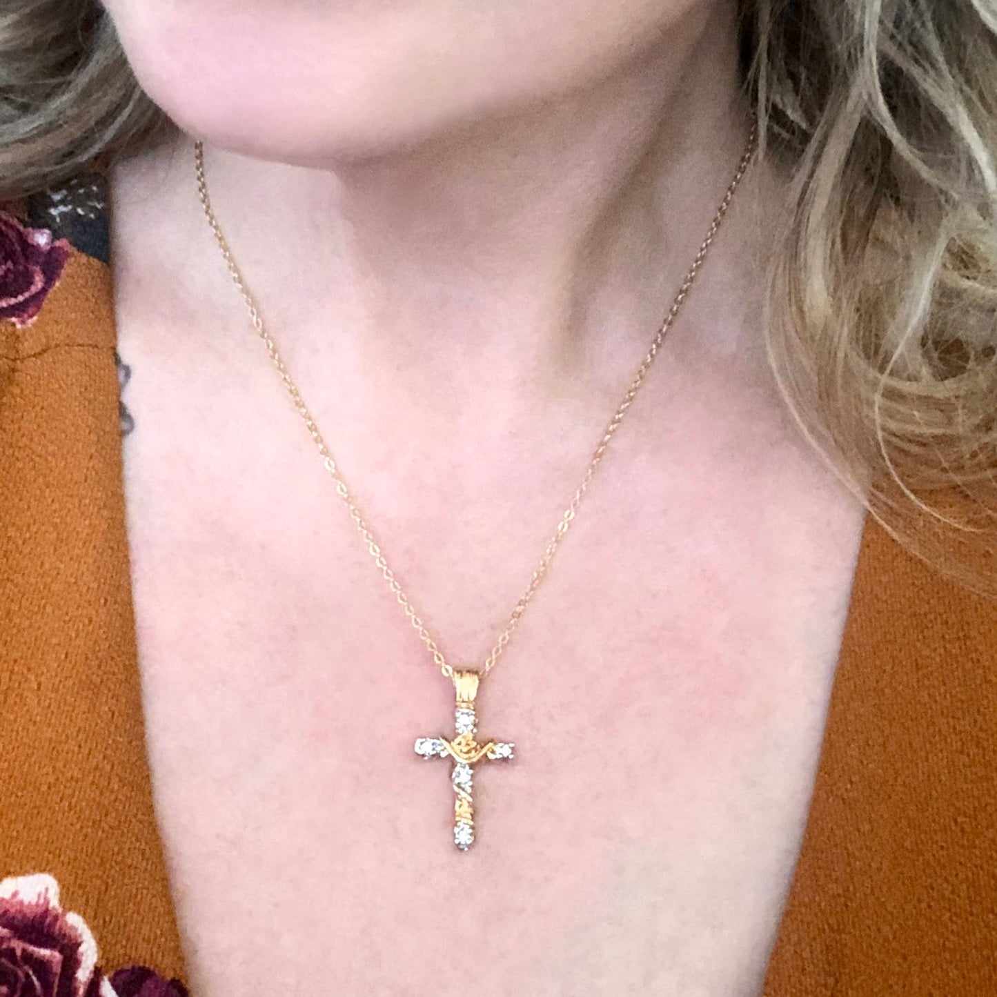 Vintage Cross Pendant with Clear Swarovski Crystals 16 Inch Two Tone Gold Plated Pendant Necklace #N624-YW